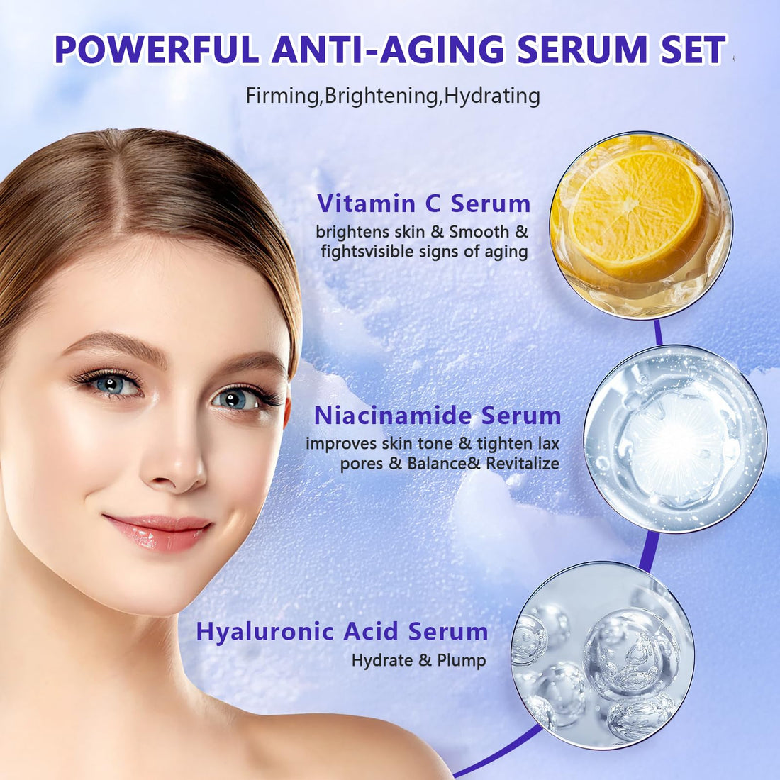 Hyaluronic Acid Face Serum,Vitamin C,Niacinamide Facial Serum,Facial Skin Care Set for Plumping,Anti-Aging/Wrinkle,Brightening,Ultra-Hydrating Hyluronic Acid Serum- Pack of 3,All Skin Type
