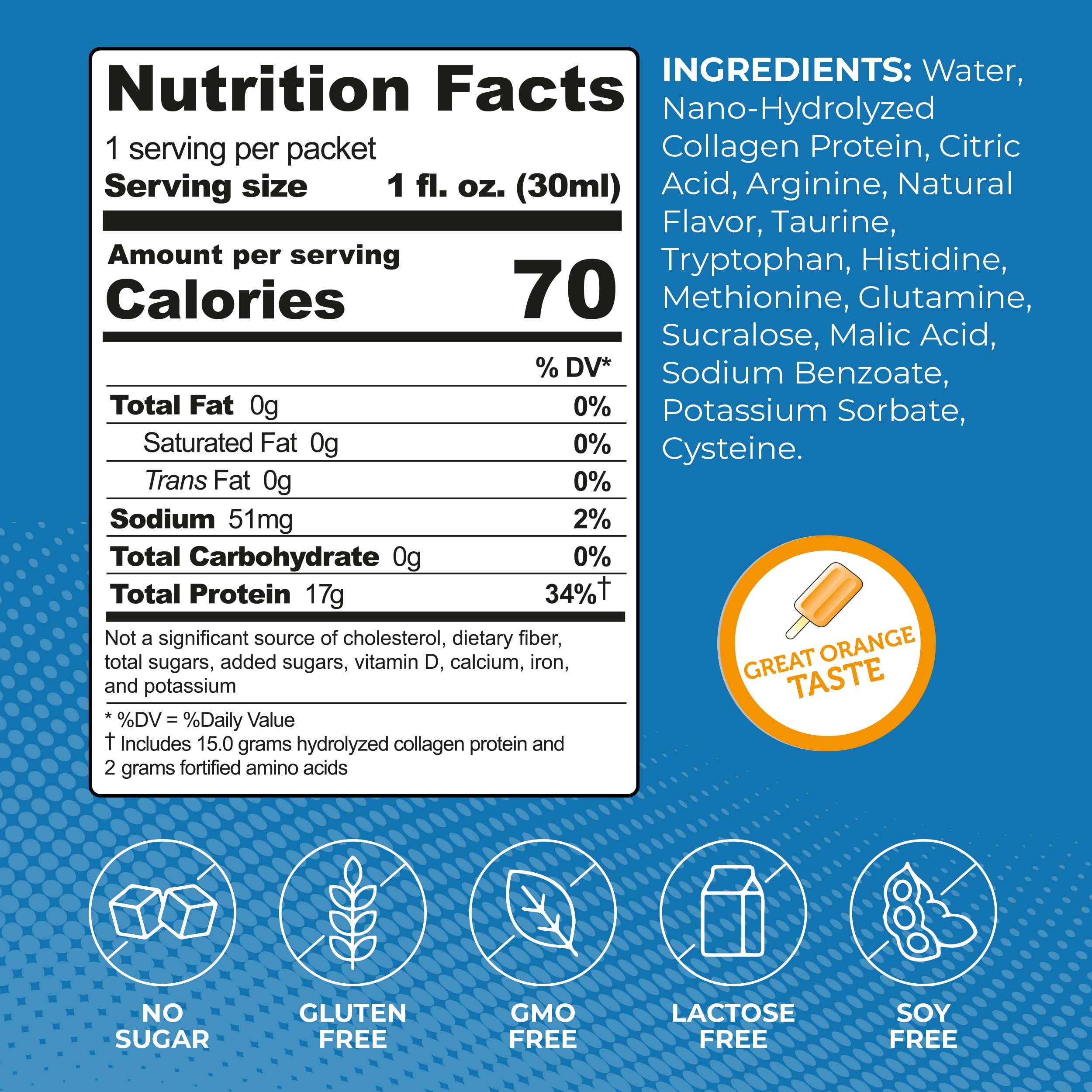 ProT Gold Liquid Collagen Protein Shot, 17g Clear Protein Nano-Hydrolyzed Grass Fed Collagen, 2g Arginine for Wound Support, Gluten Free, Sugar Free, 0g Carbs, Orange Creme, 1 fl oz, 24 Pack