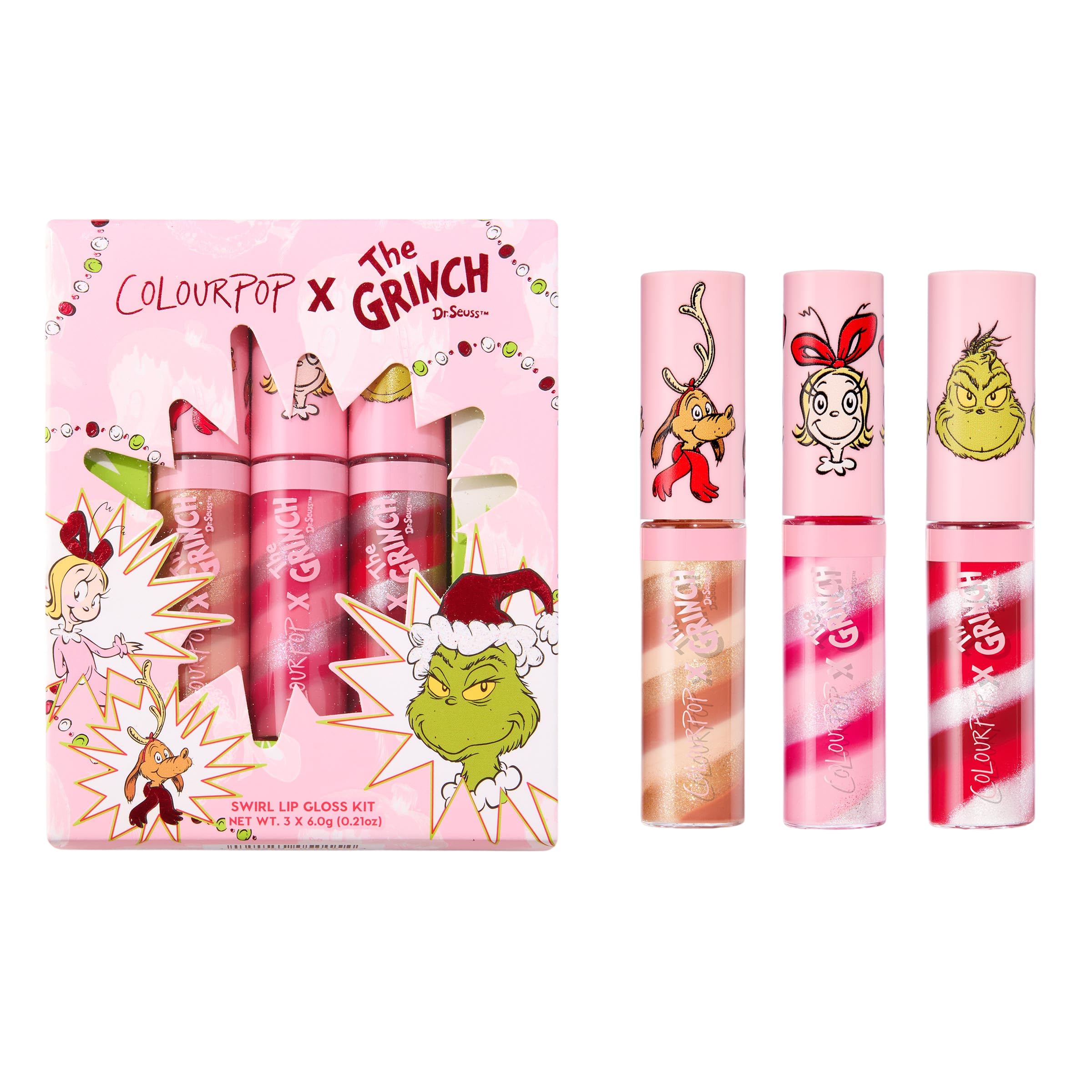 ColourPop x The Grinch Merry Grinchmas Swirl Tinted Lip Gloss Makeup Kit - Vegan Hydrating Lip Gloss Set with Sugar Cookie Flavor - Limited Edition Holiday Makeup Gift Set (3 Count)