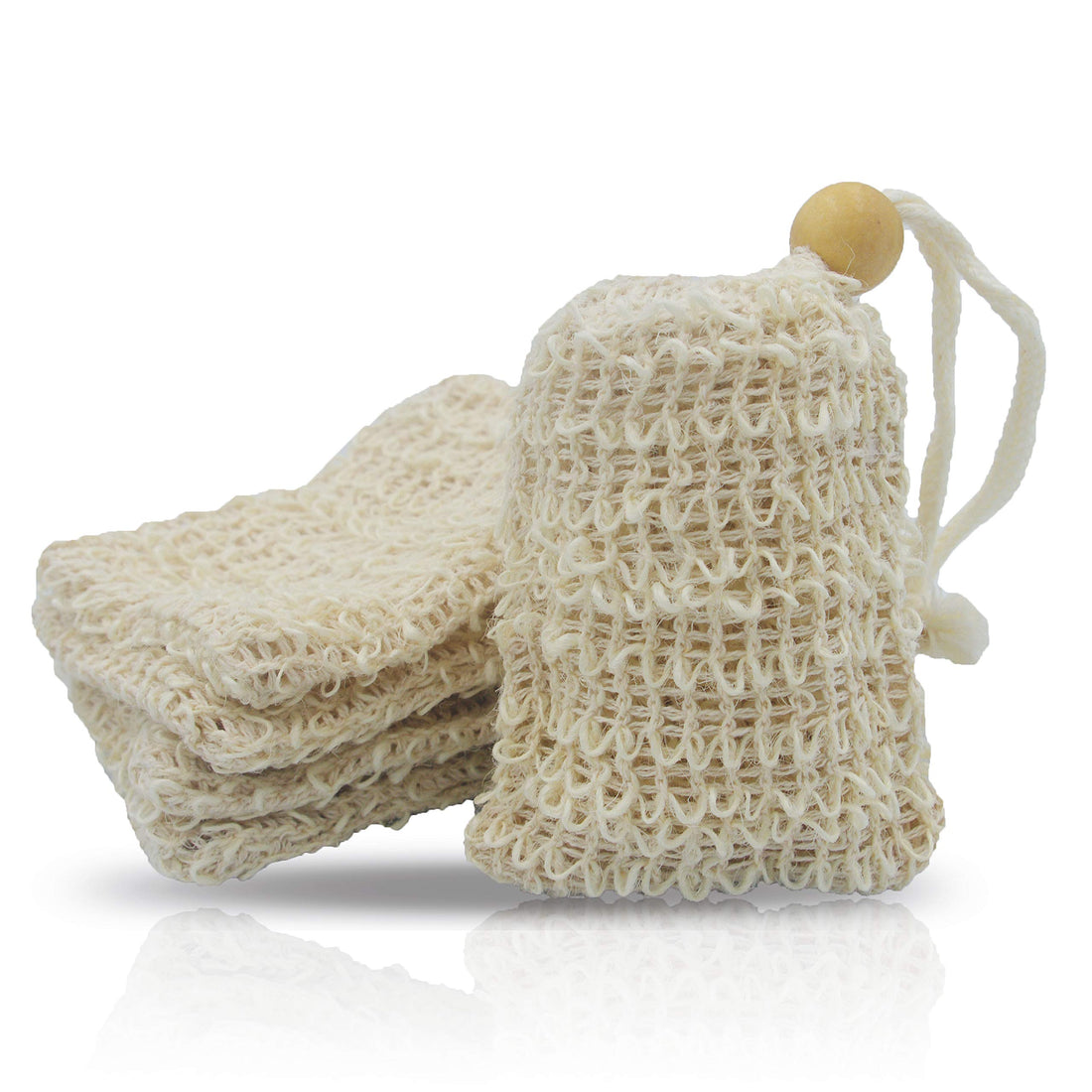 Bleu Bath (5 Pack) Mini Size Natural Exfoliating Loofah Pouch Sisal Ramie Soap Saver Bag Soap Lather Scrubber with Drawstring and Wooden Bead Holder