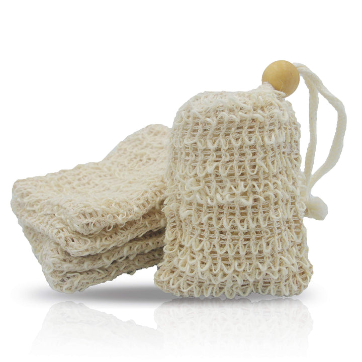 Bleu Bath (5 Pack) Mini Size Natural Exfoliating Loofah Pouch Sisal Ramie Soap Saver Bag Soap Lather Scrubber with Drawstring and Wooden Bead Holder