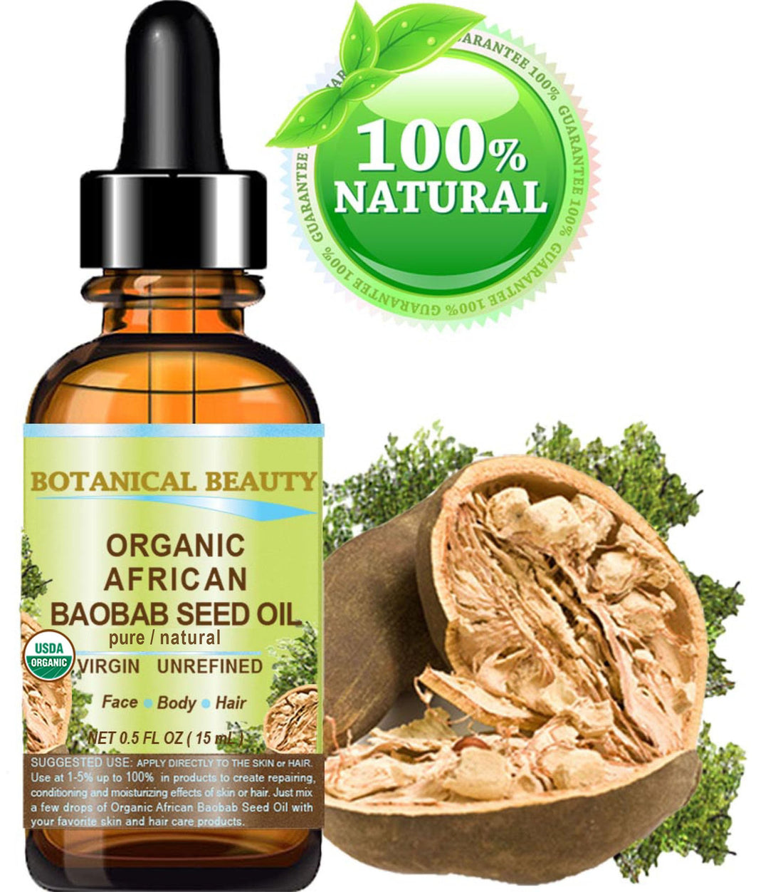 Botanical Beauty Organic BAOBAB SEED OIL 100% Pure Natural Refined Cold-pressed Carrier Oil 0.5 Fl oz 15 ml For Face, Skin, Body, Hair, Lip, Nails. Rich in vitamin C, Vitamin E