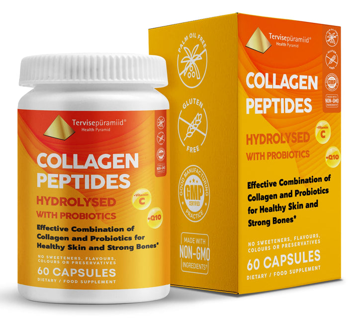 Health Pyramid Collagen Peptides Capsules Hydrolysed with Probiotics, Vitamin C, and Coenzyme Q10 for Healthy Skin and Strong Bones, Collagen Capsules for Women and Men