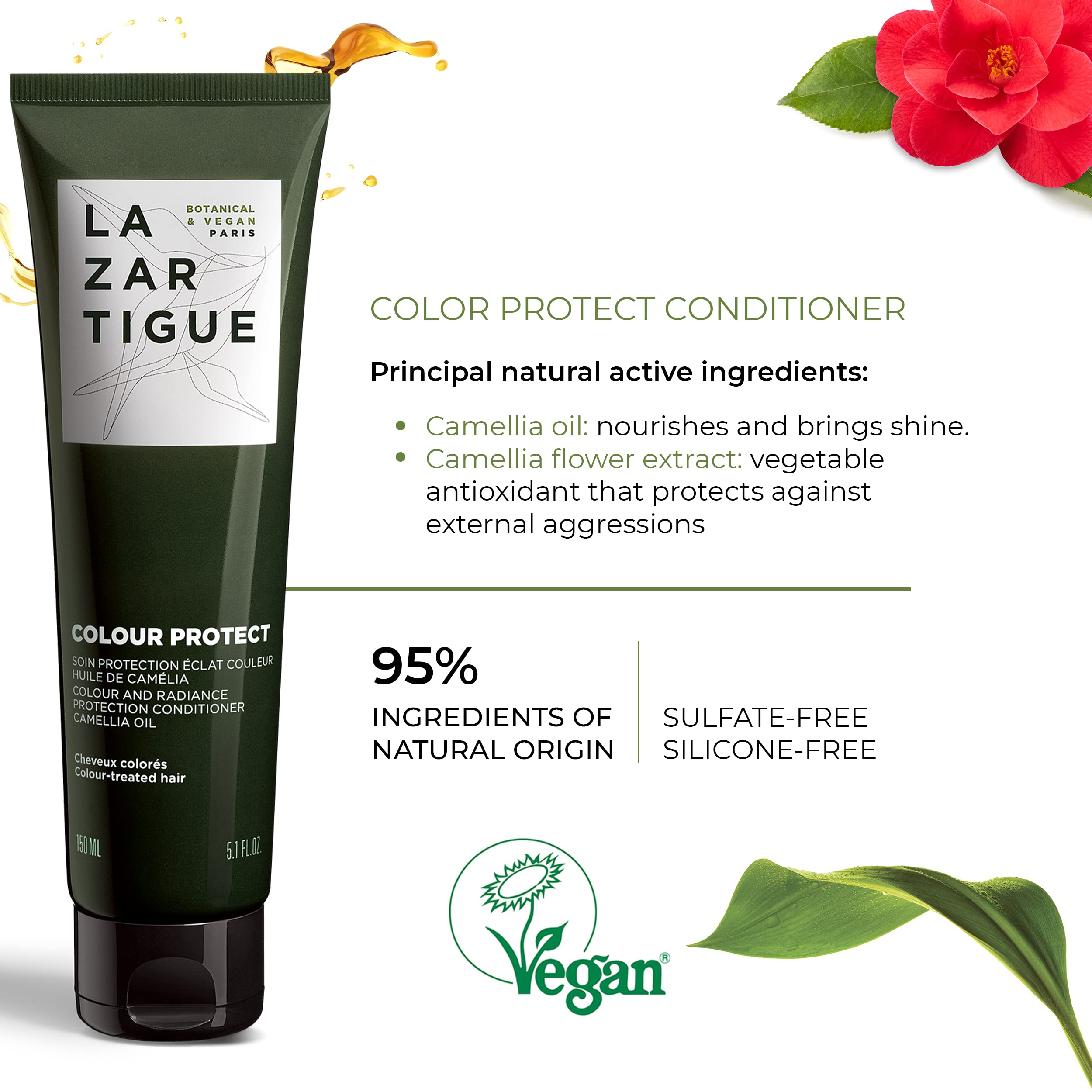Lazartigue Color Protect Conditioner, Botanical & Vegan, Sulfate-Free, Silicone-Free Color and Radiance Protection With Camilla Oil, 5.1 Fl.Oz.