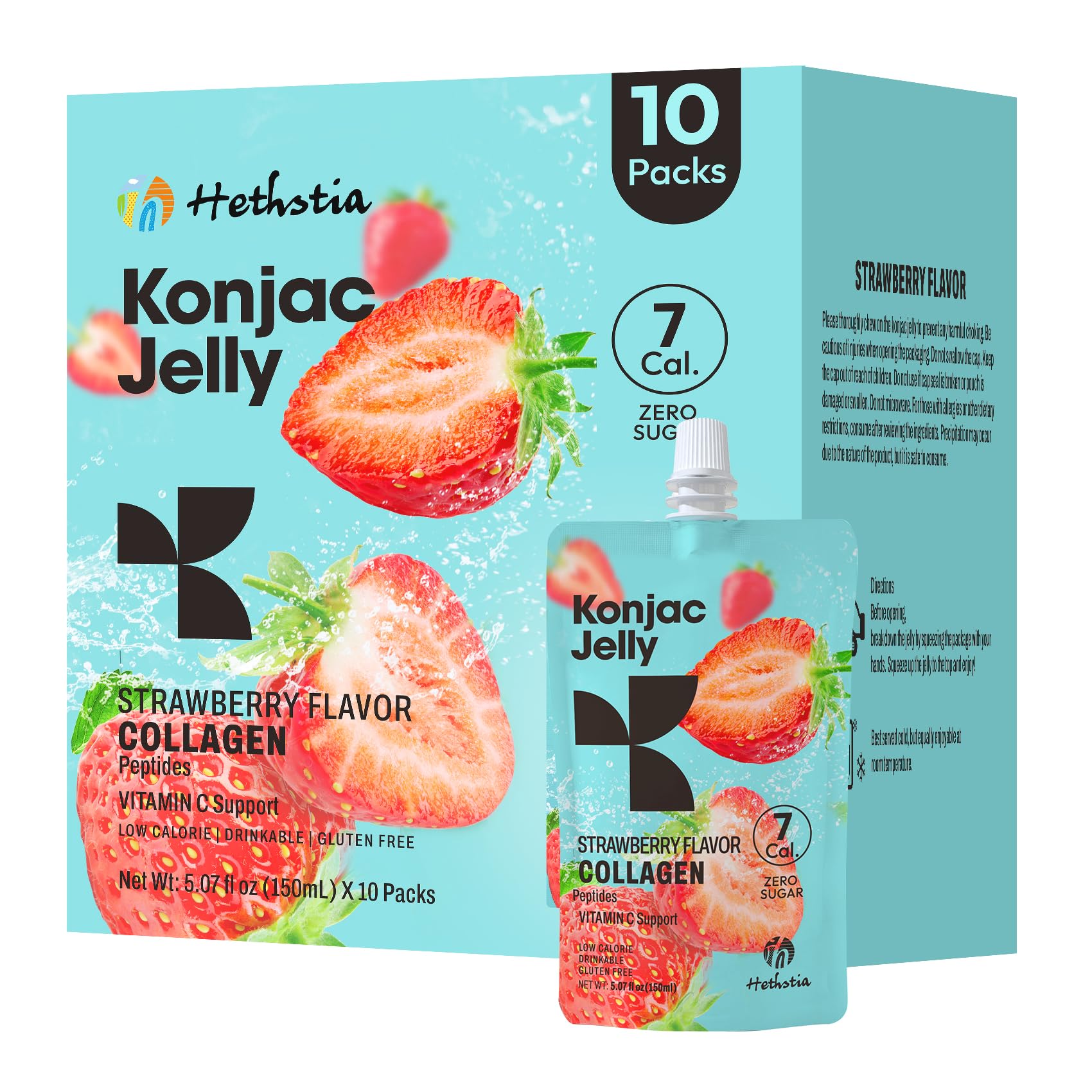 Hethstia Konjac Jelly Strawberry Flavor with Collagen Peptides – 10 Pack Drinkable Strawberry Jelly Squeeze Pouches, 7 Kcal, 0 Sugar, Keto, Gluten-Free, Vitamin C Healthy Snacks & Food Gifts