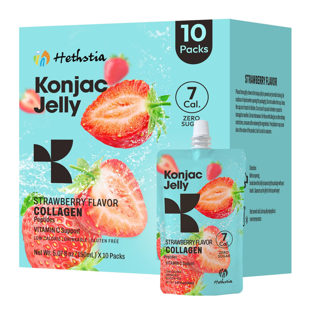 Hethstia Konjac Jelly Strawberry Flavor with Collagen Peptides – 10 Pack Drinkable Strawberry Jelly Squeeze Pouches, 7 Kcal, 0 Sugar, Keto, Gluten-Free, Vitamin C Healthy Snacks & Food Gifts