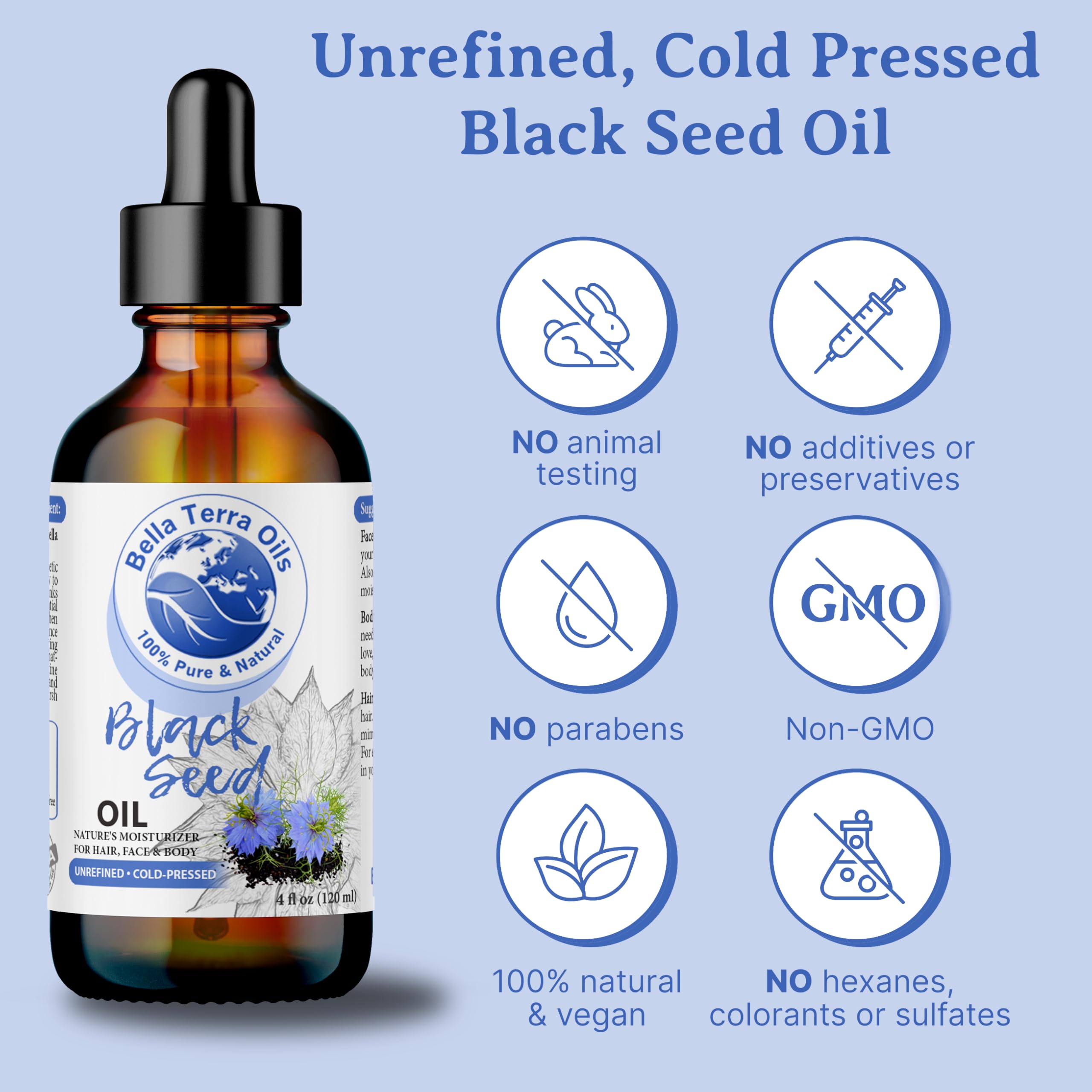 NEW Black Seed Oil. 4oz. Cold-pressed. Unrefined. Organic. 100% Pure. Nigella Sativa Black Cumin Oil. Hexane-free. Antioxidant-rich. Natural Moisturizer. For Hair, Face, Body, Nails, Stretch Marks.