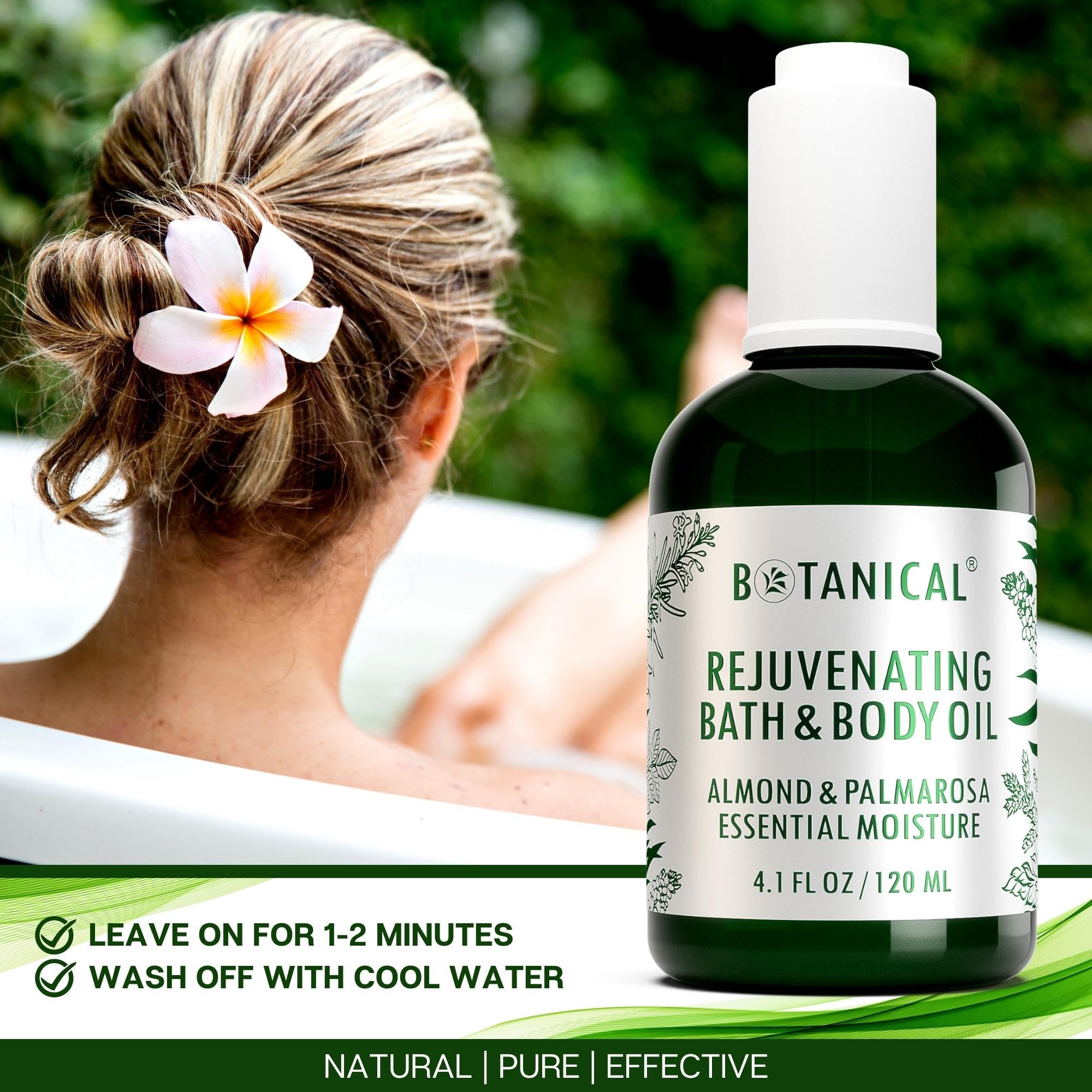 Botanical Bath & Body Oil | Rejuvenating Almond & Palmarosa | Organic, Pure, Natural Skincare (4.1 fl oz | 120 ml)