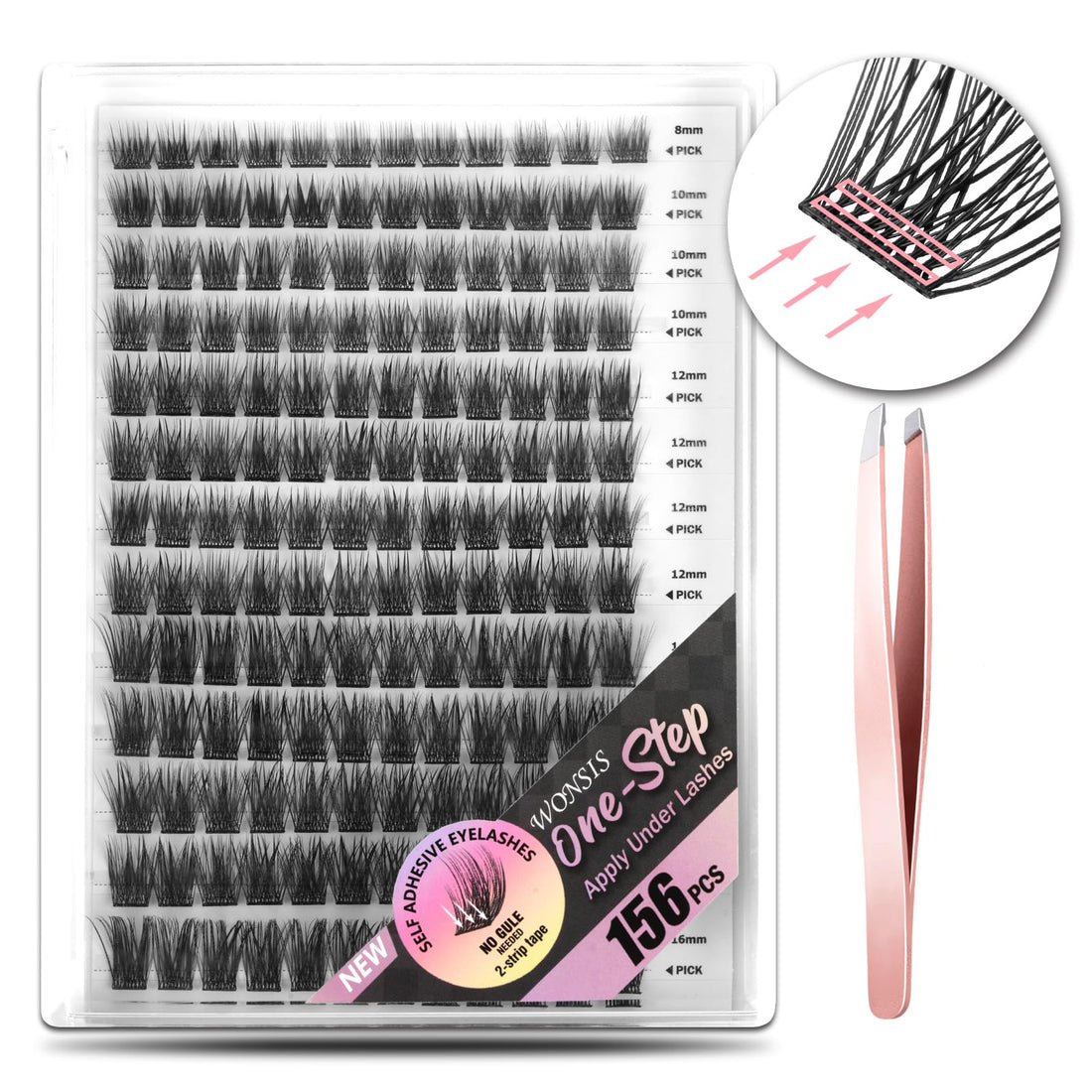 WONSIS Self Adhesive Eyelashes, 156 Pcs Self Adhesive Eyelash Clusters, No Glue Needed, Invisible 2-Strip Tape - Longer Lasting, No Sticky Residue Pre Glued Eyelashes (Volume-Mixed)