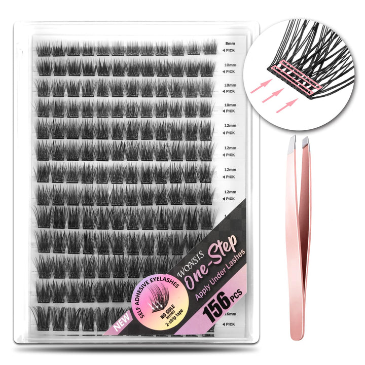 WONSIS Self Adhesive Eyelashes, 156 Pcs Self Adhesive Eyelash Clusters, No Glue Needed, Invisible 2-Strip Tape - Longer Lasting, No Sticky Residue Pre Glued Eyelashes (Volume-Mixed)