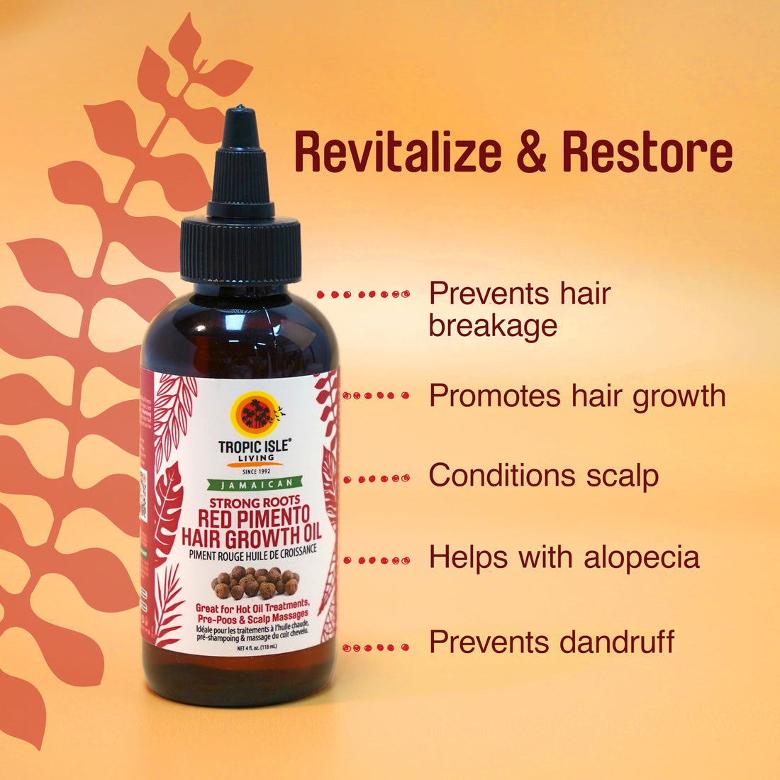 Tropical Isle Living Strong Roots Red Pimento Hair Growth Oil 4oz - Natural Moisturizing Treatment for Itchy, Dry Scalp and Promote Hair Growth, Prevent Dundruffs with Jamaican Black Castor Oil