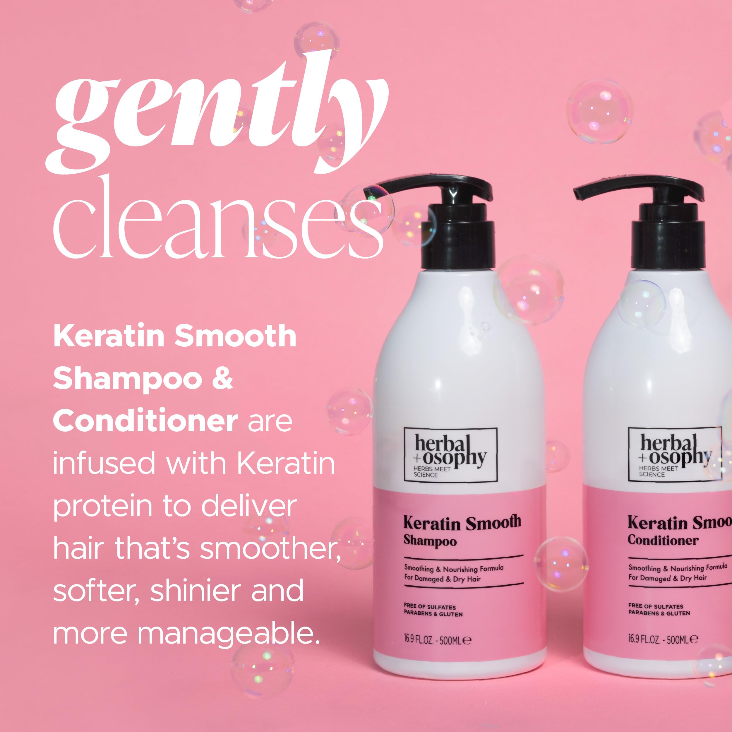 Herbalosophy Keratin Shampoo & Conditioner Set, Nourishing & Moisturizing Formula for Damaged & Dry Hair, Highly Hydrate & Repair for Color Treated Hair, Sulfate,Parabens & Gluten Free, 2 x 16.9 Fl Oz