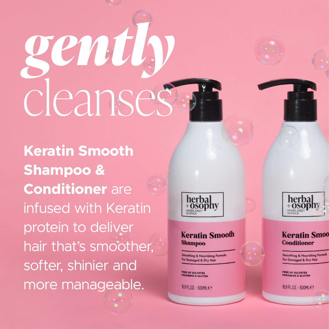 Herbalosophy Keratin Shampoo & Conditioner Set, Nourishing & Moisturizing Formula for Damaged & Dry Hair, Highly Hydrate & Repair for Color Treated Hair, Sulfate,Parabens & Gluten Free, 2 x 16.9 Fl Oz