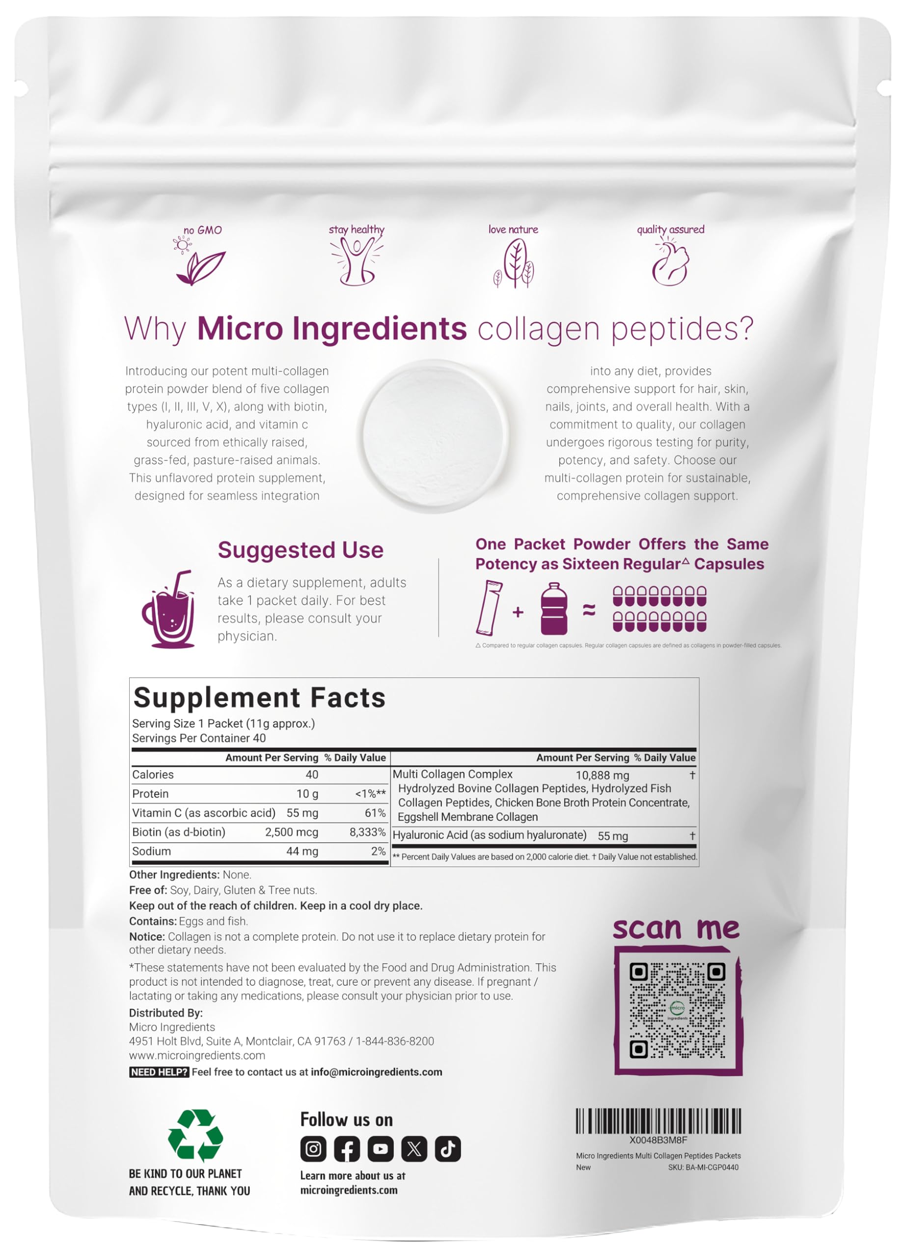 Multi Collagen Peptides, 40 Packets | Hydrolyzed Protein Peptides Powder | Type I,II,III,V,X with Hyaluronic Acid, Biotin, & Vitamin C | Unflavored, Keto, & Paleo Friendly | Ez Mix in Drinks