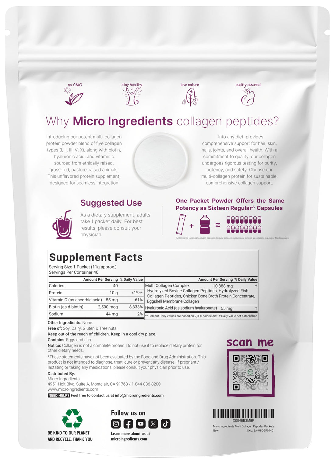 Multi Collagen Peptides, 40 Packets | Hydrolyzed Protein Peptides Powder | Type I,II,III,V,X with Hyaluronic Acid, Biotin, & Vitamin C | Unflavored, Keto, & Paleo Friendly | Ez Mix in Drinks