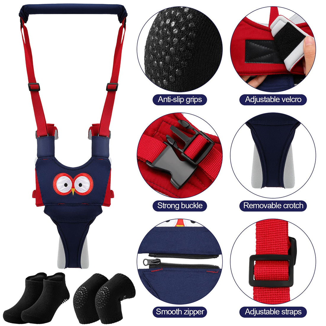 Panitay Handheld Baby Walking Harness Adjustable Toddler Walking Assistant Baby Walker Assistant Belt with 4 Pairs Crawling Anti-Slip Knee 4 Pairs Non Slip Toddler Socks Grips, 7-24 Months Old