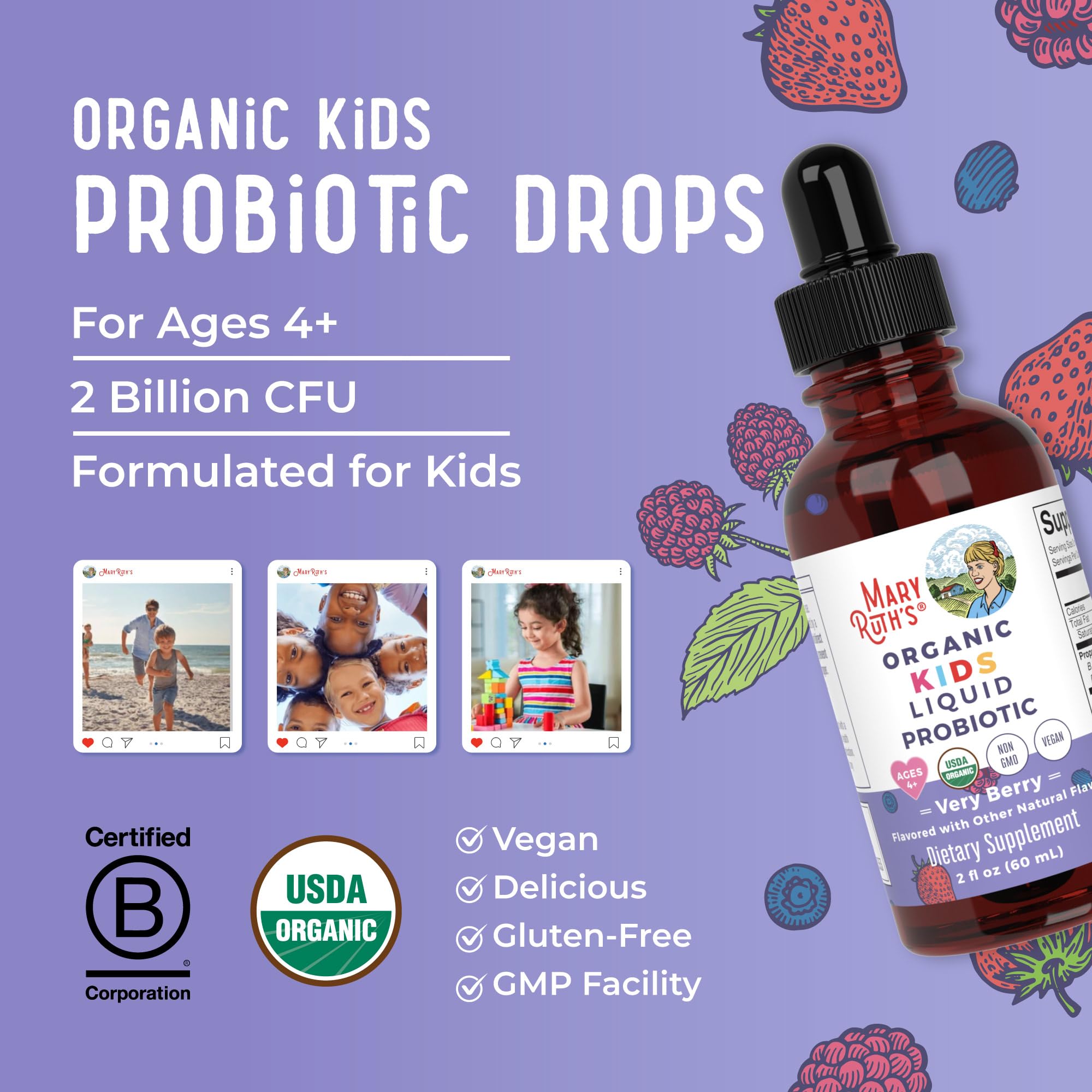 MaryRuth Organics Kids Probiotic Liquid Drops | USDA Organic Probiotics for Digestive Health | Ages 4+ Gut Health & Immune Support Supplement | Overall Health | Vegan | Non-GMO | 1 Fl Oz
