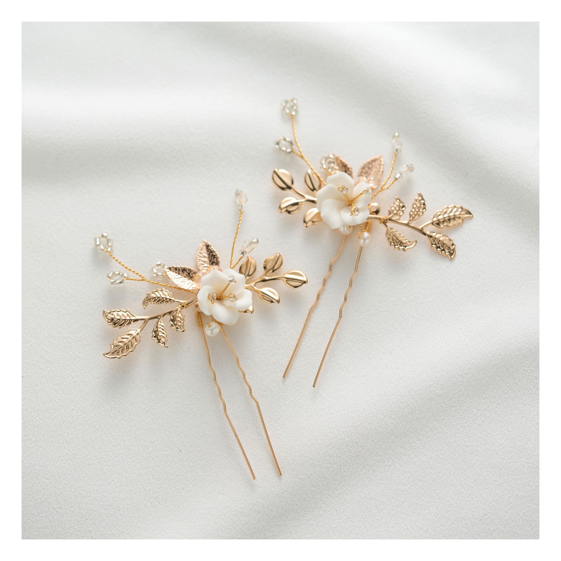 SWEETV 2Pcs Bridal Hair Accessories,Glod Wedding Hair Pins Pieces With White Flowers for Brides
