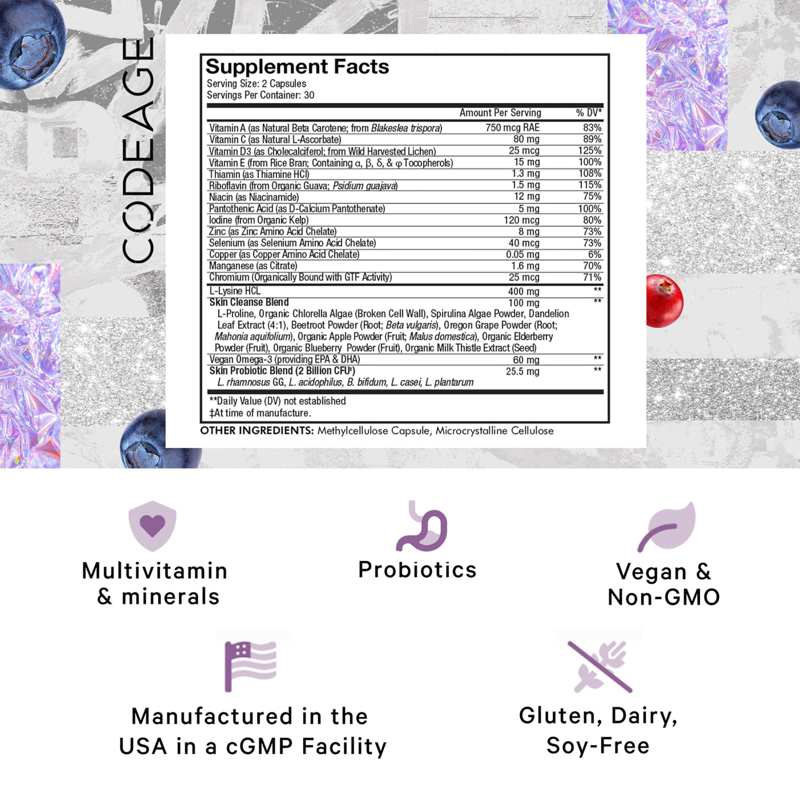 Codeage Teen Clearface Adolescent Face, Skin & Pimples, Vitamins A, C, D3, E, Pantothenic Acid, Niacin, Zinc Supplement Teenagers, Probiotics, L-Lysine, Omega-3, Oily Skin, Pores, Spots - 60 Capsules