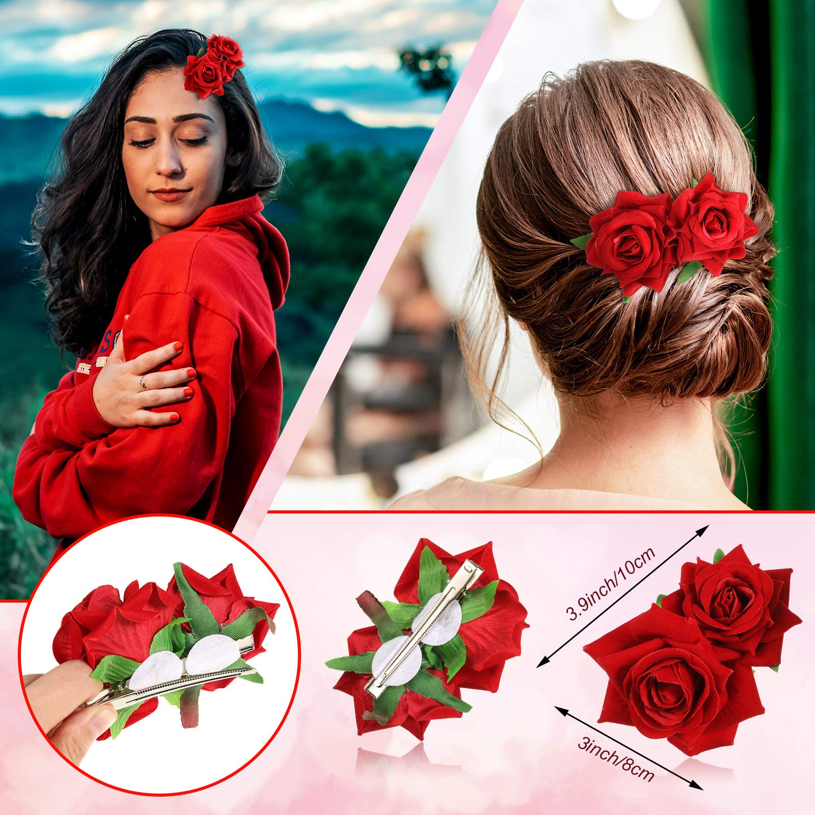 6 Pieces Rose Hair Clip Flower Hairpin Rose Flower Hair Clip Comb Flower Hairpin Rose Brooch Floral Clips Women Rose Flower Hair Accessories Wedding Hair Clip Flamenco Dancer for Women Girls, 3 Styles