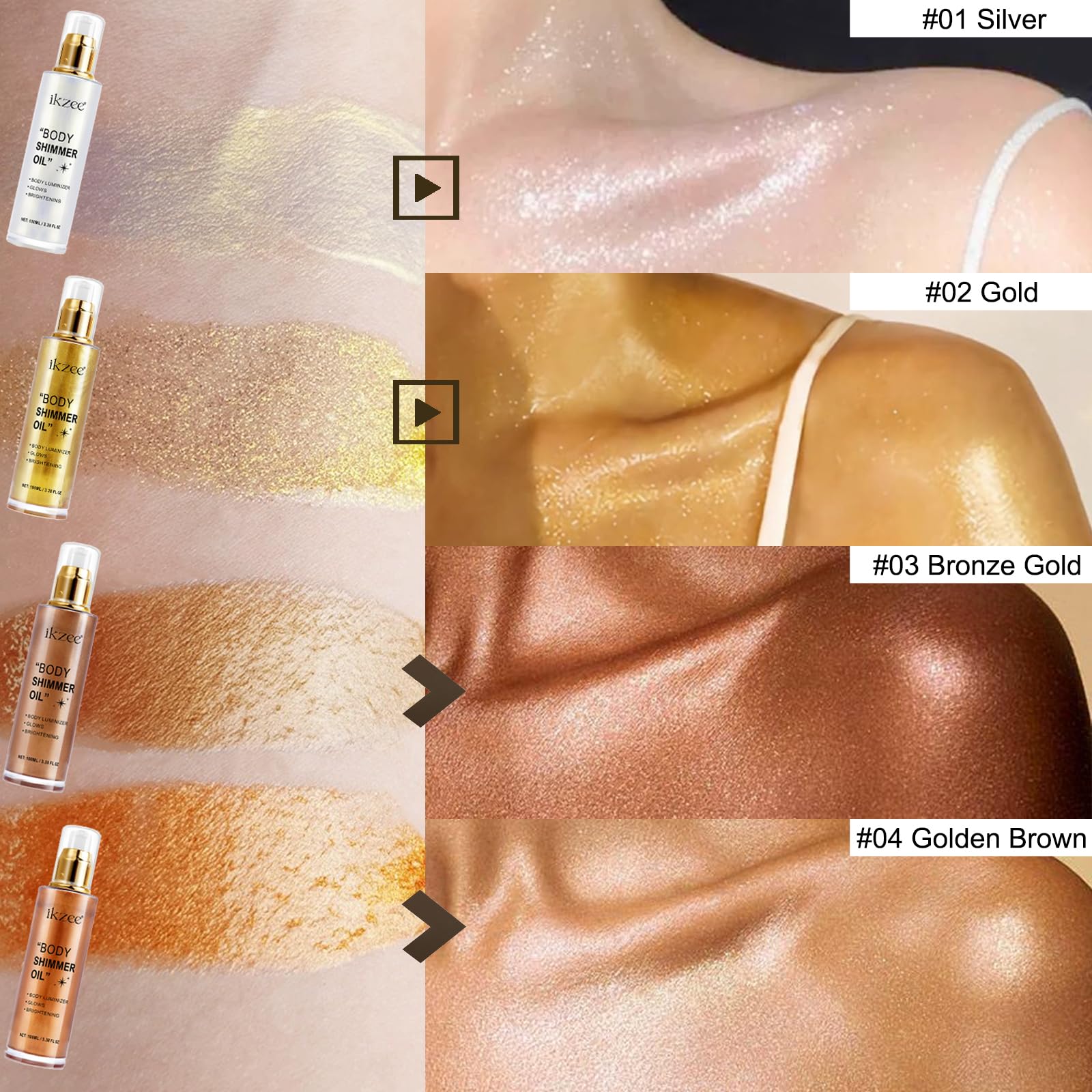 Body Shimmer Oil 100ml, Moisturizing Long Lasting Body Luminizer Face Brighten, Waterproof Liquid Illuminator Body Glow, Shimmer Body Glitter Oil Highlighter Summer Taning Makeup (#04 Golden Brown)