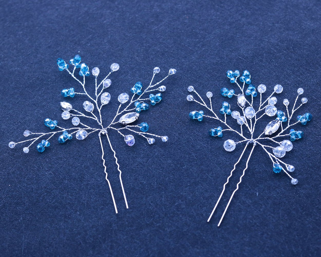 FXmimior Bridal Women Blue Vintage Wedding Party Hair Pins Crystal Hair Accessories( pack of 2)