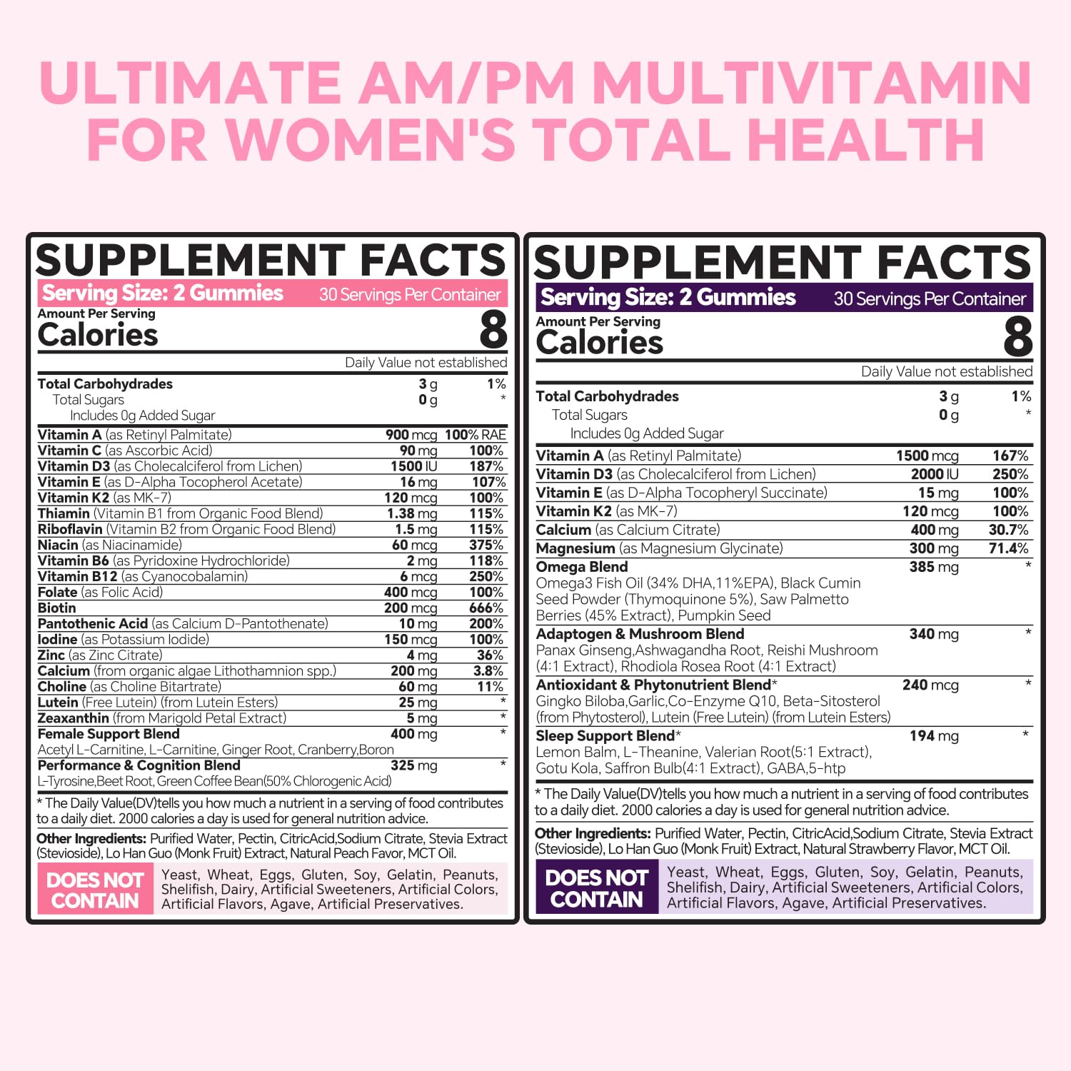 Multivitamin for Women AM & PM - Melatonin Free with w/Algae Calcium,Omega-3,Vitamin D3K2,Magnesium for Energy & Relaxation,Rest,Skin,Hair Support - Sugar Free, 24-Hour Support, Vegan,120 Count