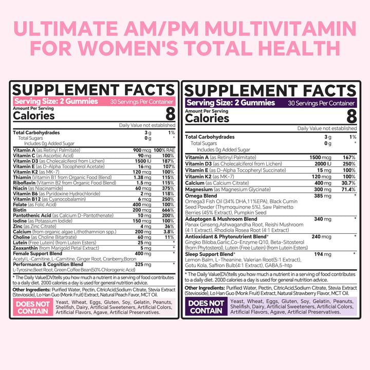 Multivitamin for Women AM & PM - Melatonin Free with w/Algae Calcium,Omega-3,Vitamin D3K2,Magnesium for Energy & Relaxation,Rest,Skin,Hair Support - Sugar Free, 24-Hour Support, Vegan,120 Count