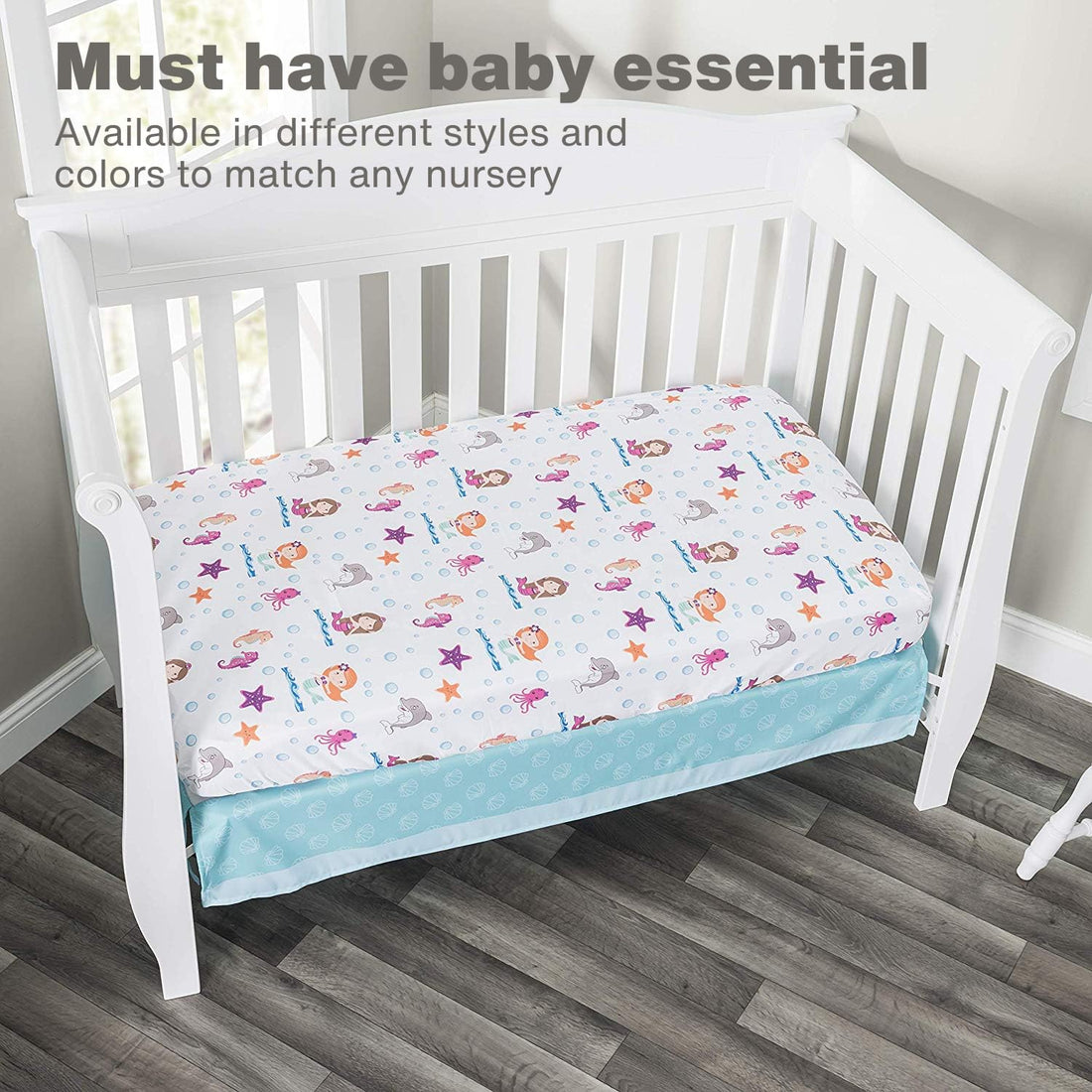 Everyday Kids 2 Pack Fitted Girls Crib Sheet, 100% Soft Breathable Microfiber Baby Sheet, Fits Standard Size Crib Mattress 28in x 52in, Nursery Sheet - Mermaid/Aqua