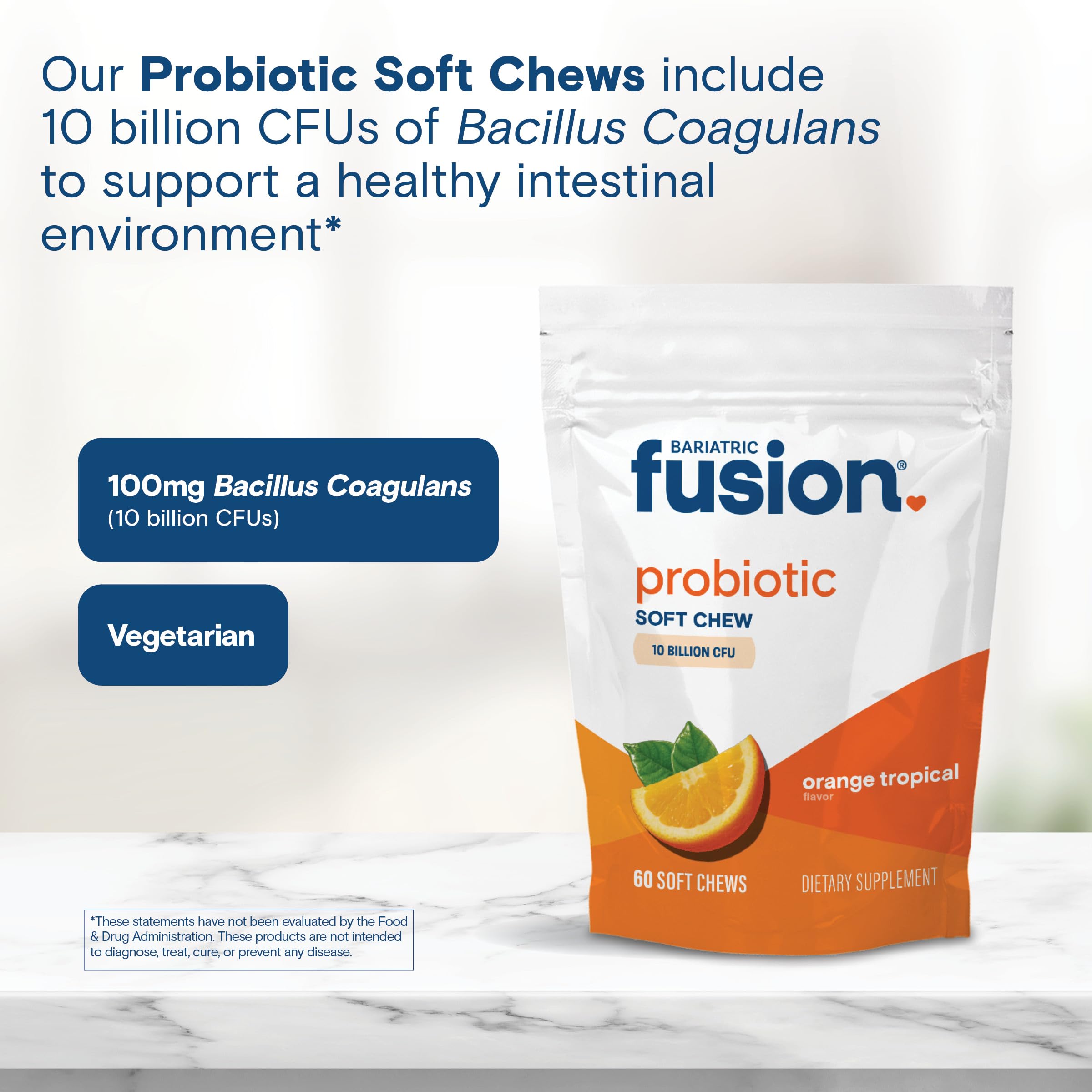 Bariatric Fusion Bariatric Probiotic Soft Chews | Orange Tropical Flavor Chewy Bariatric Vitamin | Bacillus Coagulans 10 Billion CFU Chewable Probiotic | Support Digestive & Immune Health | 60 Count