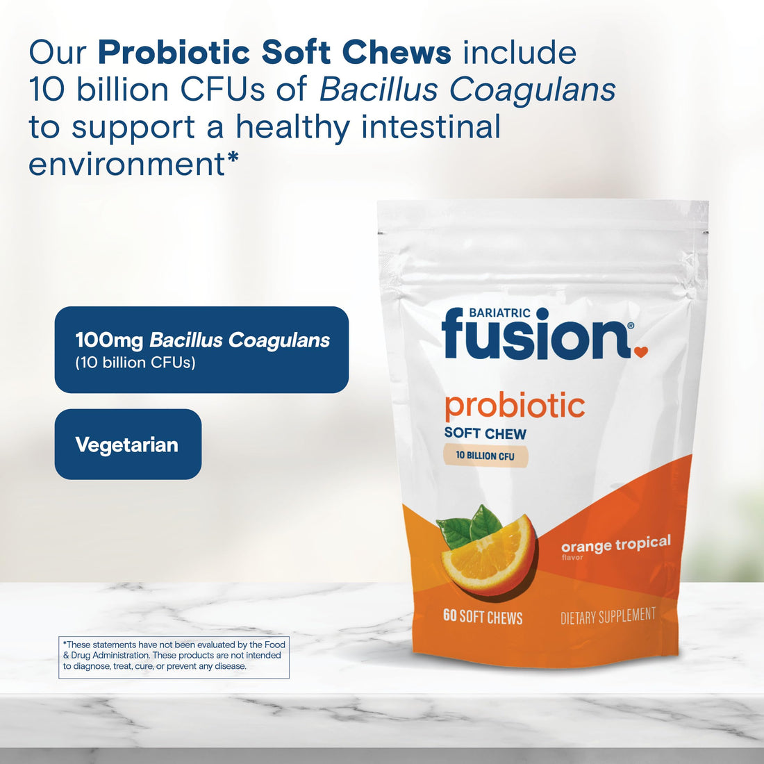 Bariatric Fusion Bariatric Probiotic Soft Chews | Orange Tropical Flavor Chewy Bariatric Vitamin | Bacillus Coagulans 10 Billion CFU Chewable Probiotic | Support Digestive & Immune Health | 60 Count