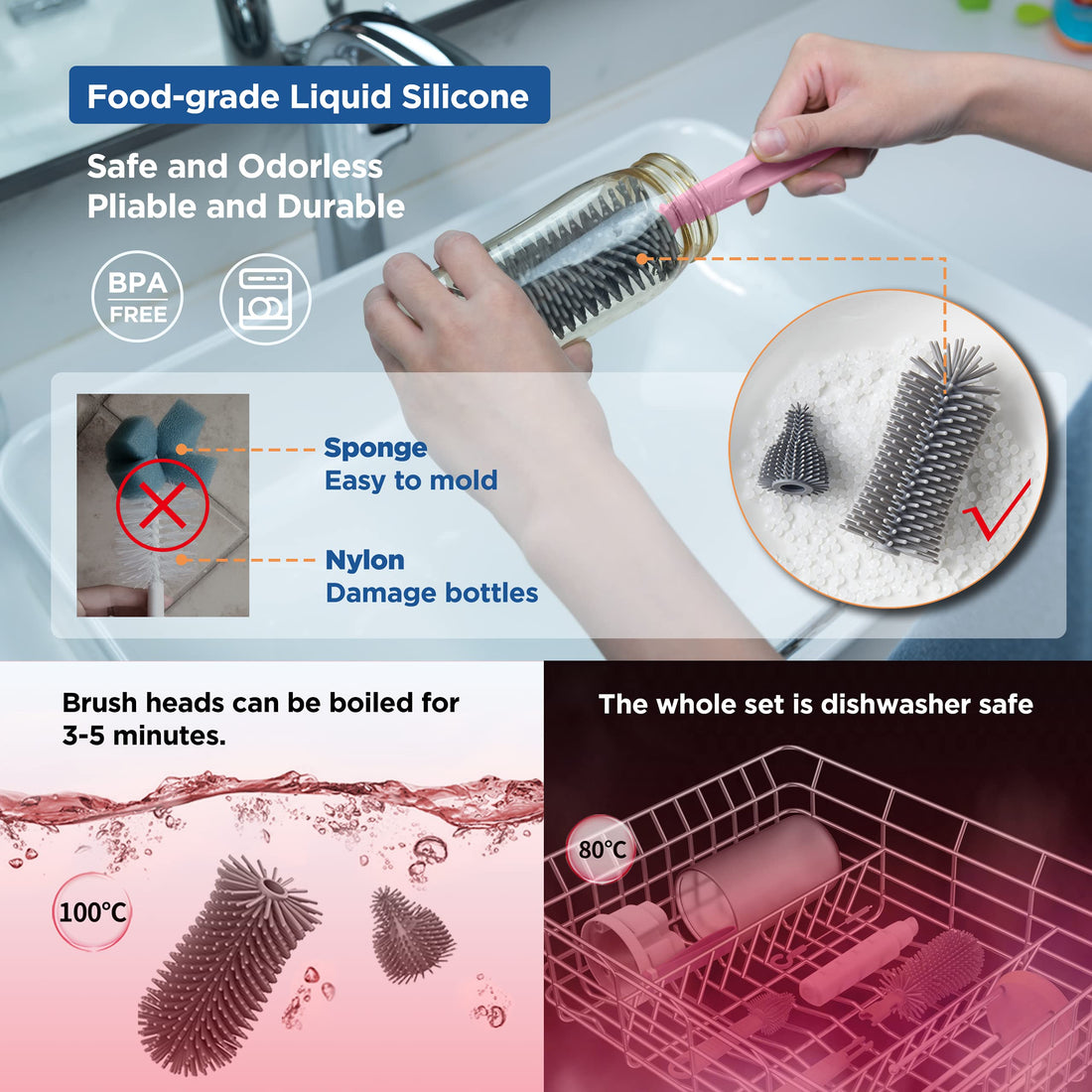 TechoEcho Travel Baby Bottle Brush Set with Extendable Liquid Silicone Bottle Brush,Nipple Brush,Built-in Bottle Drying Rack,Straw Cleaner Brush,Baby Bottle Soap Dispenser,Bottle Warmer (Pink)