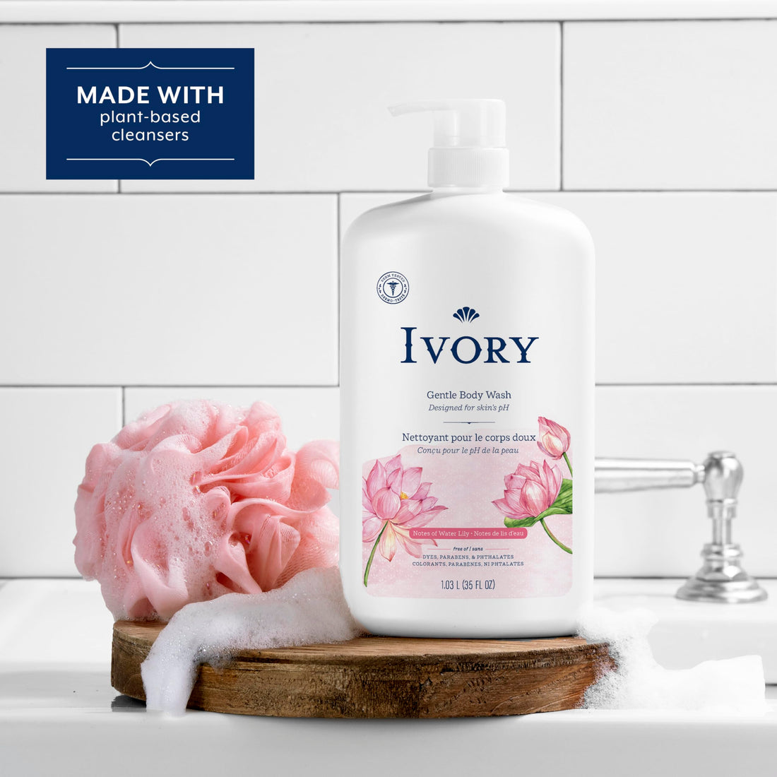 Ivory Body Wash, Designed for the Whole Family, Gentle Formula, Free of Dyes Heavy Perfumes Parabens Phthalates & Silicones, Water Lily Scent, 35 oz