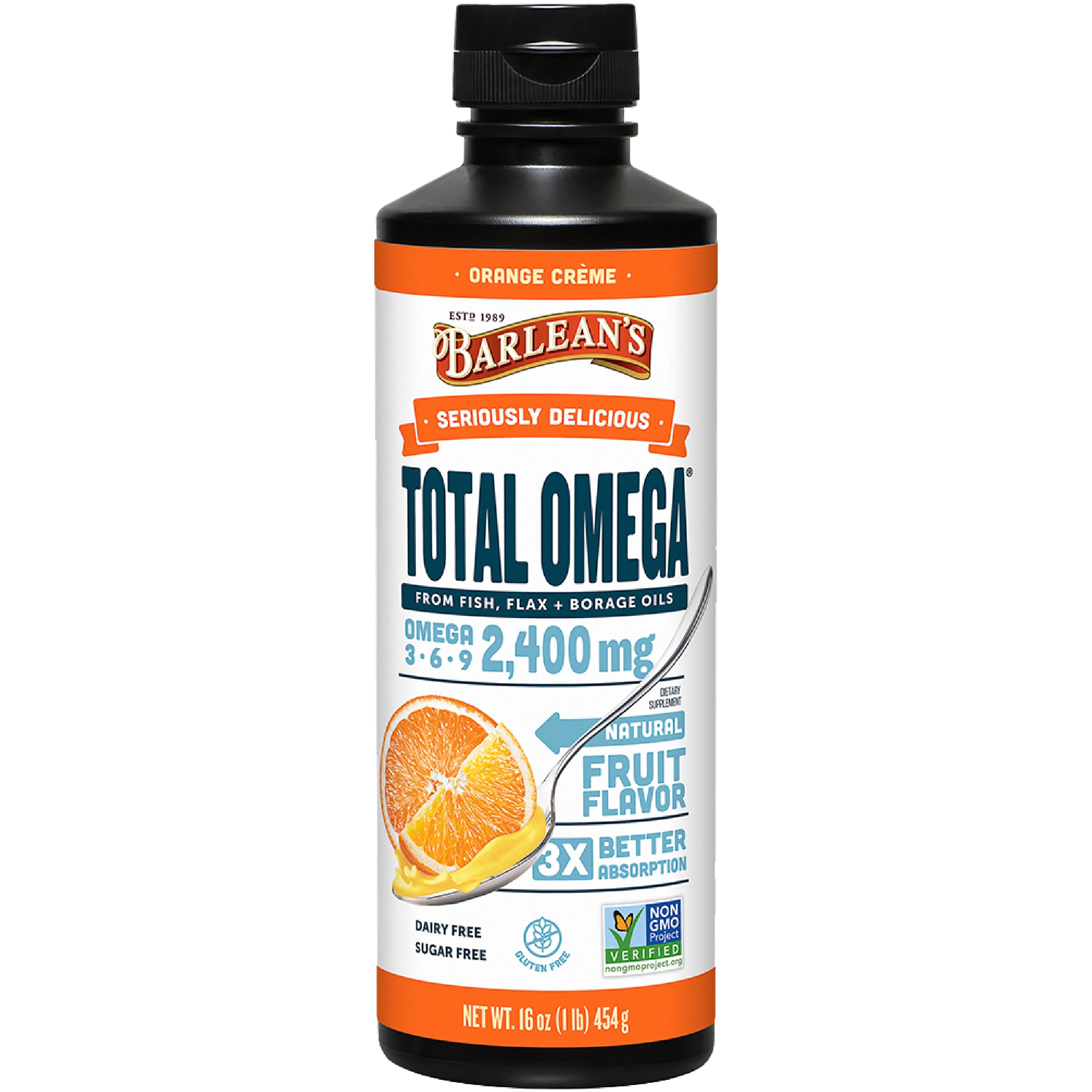 Barlean's Total Omega 3 Fish Oil Liquid Supplement, Orange Crème Flavored with Borage Oil and Flaxseed Oil, 2,400 mg of Omegas 3 6 9 EPA and DHA Plus GLA, 16 oz