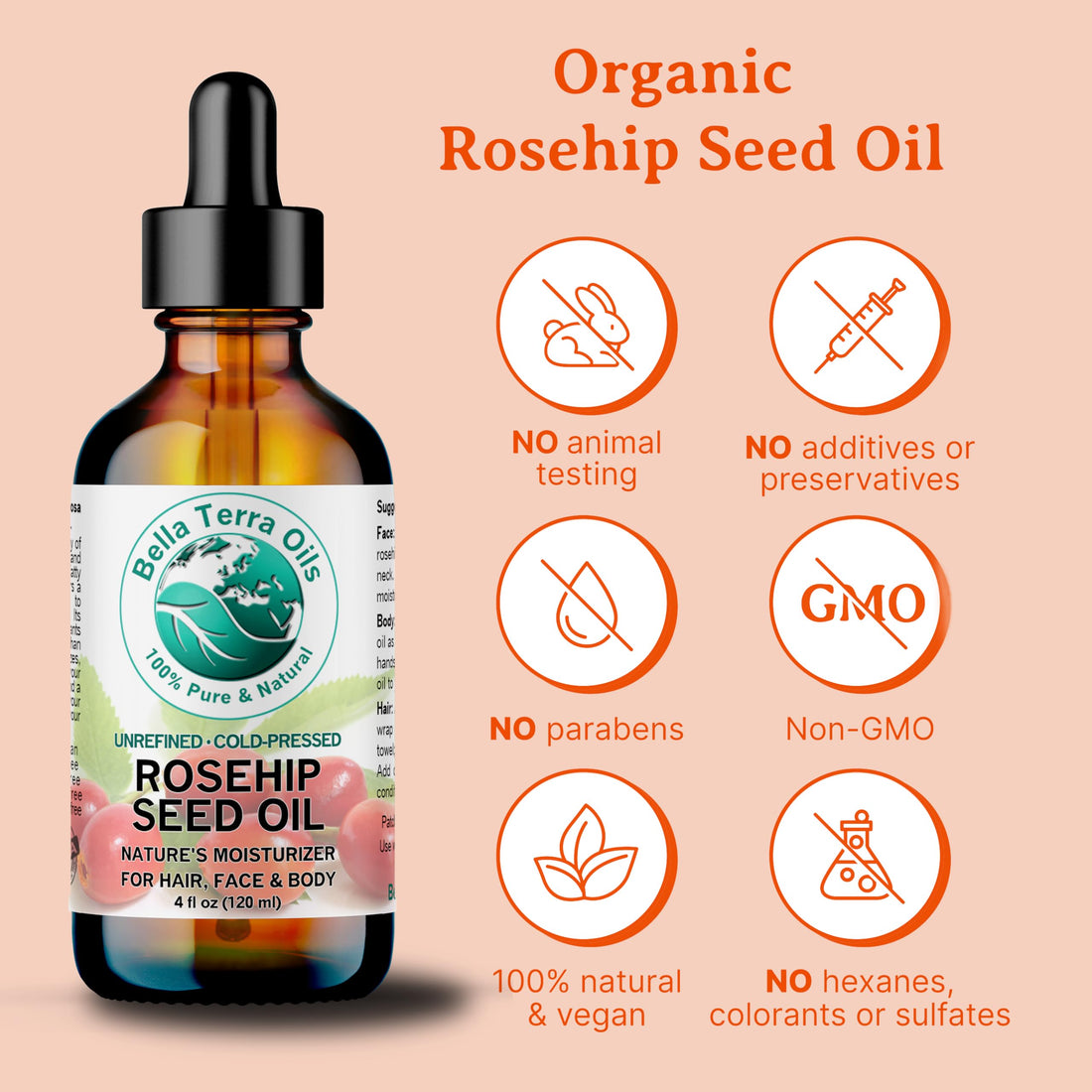 Rosehip Seed Oil 2 oz. 100% Pure. Cold-pressed. Unrefined. Organic. Natural. - Bella Terra Oils
