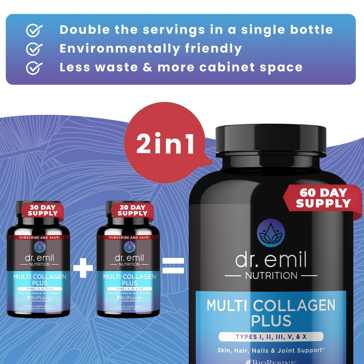 DR. EMIL NUTRITION Multi Collagen Pills - 180 Capsules - Collagen Supplements to Support Hair, Skin, Nails, & Joints - Hydrolyzed Collagen Supplements for Women with Types I, II, III, V & X