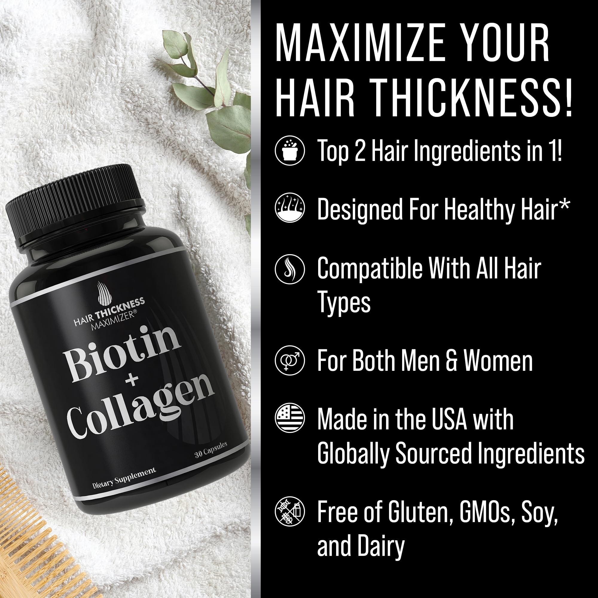 Hair Thickness Maximizer Biotin & Collagen Supplements – Biotin 10000mcg + Bovine Collagen 2-in-1 Hair Growth & Thickening Vitamins Complex - Hair Growth Products