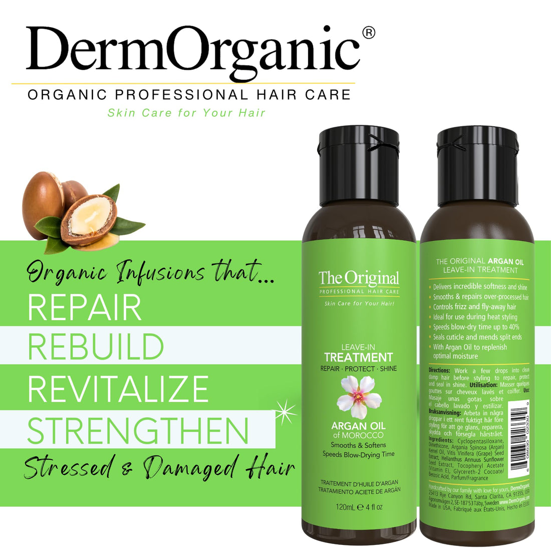 DermOrganic Leave-in Treatment for Hair with Argan Oil - Repair, Protect, Shine, 4 fl.oz. (Pack of 2)