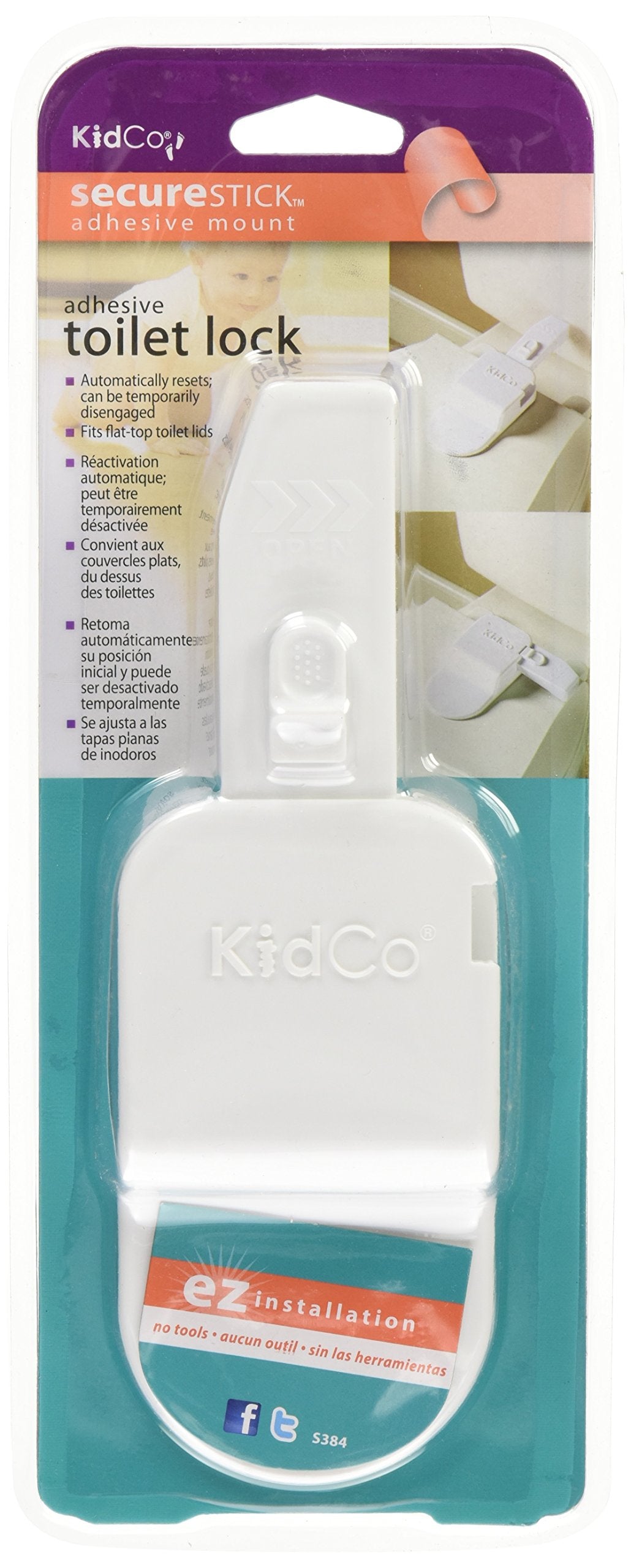 KidCo S384 Adhesive Toilet Lock - Toilet Lock Baby Proof Ideal Baby Proof Toilet Lid Lock – No Tools Needed Easy Installation with Adhesive – Top Safety Toilet Seat Lock – Fits Most Toilets, White