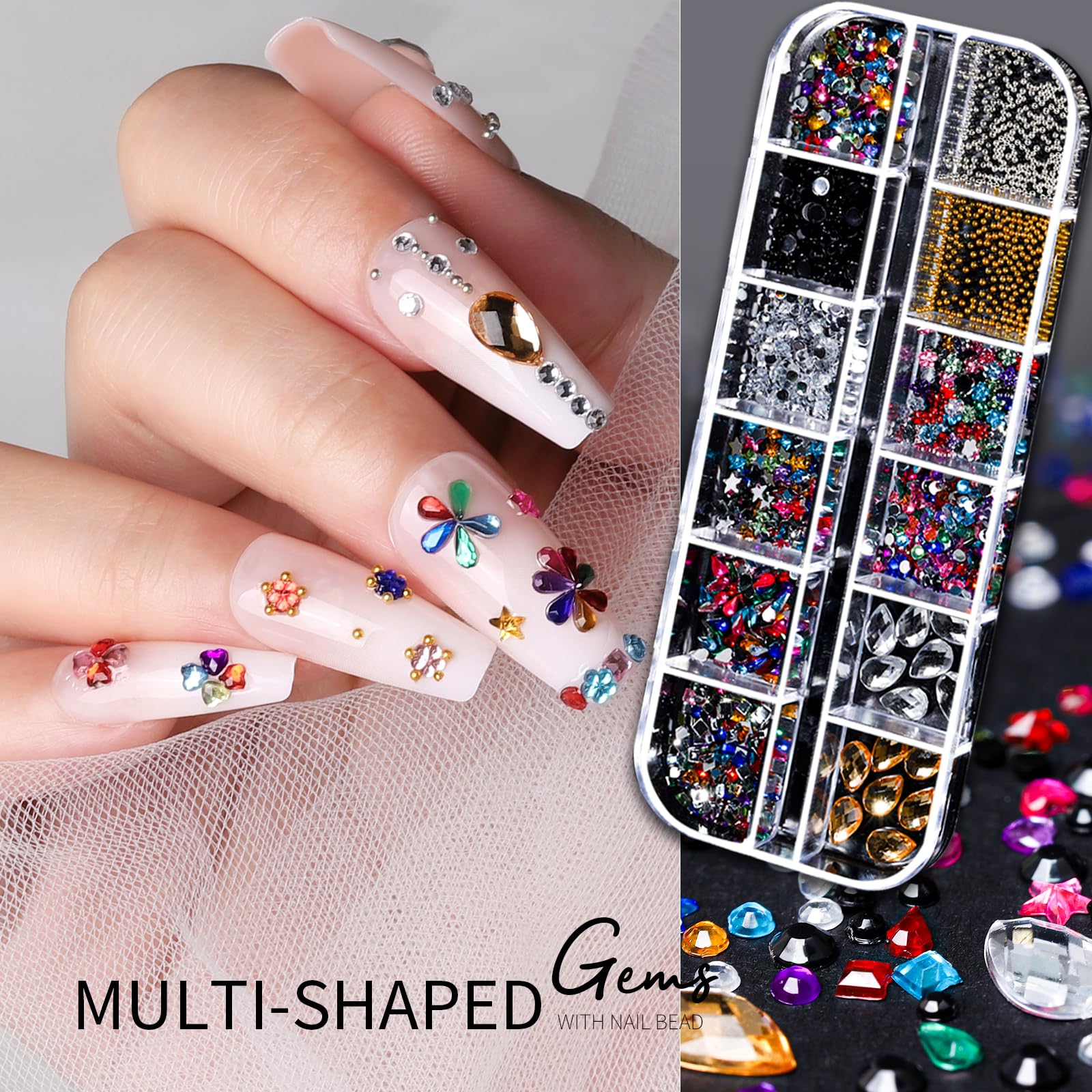 Teenitor Nail Charms Nail Art Kit with 15 Sheets Gold Nail Stickers, 6 Boxes of Nail Gems Nail Art Tools Nail Rhinestones for Nails, Nail Supplies 3D Nail Charms and Gems Nail Decals Nail Pearls