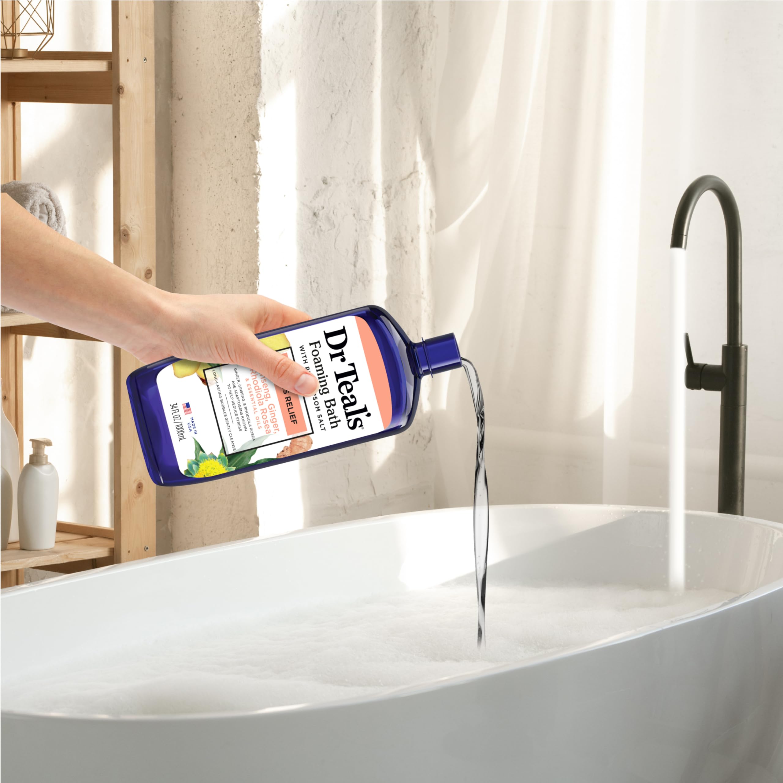 Dr Teal's Foaming Bath with Pure Epsom Salt, Stress Relief with Ginseng & Ginger, 34 fl oz (Pack of 4)