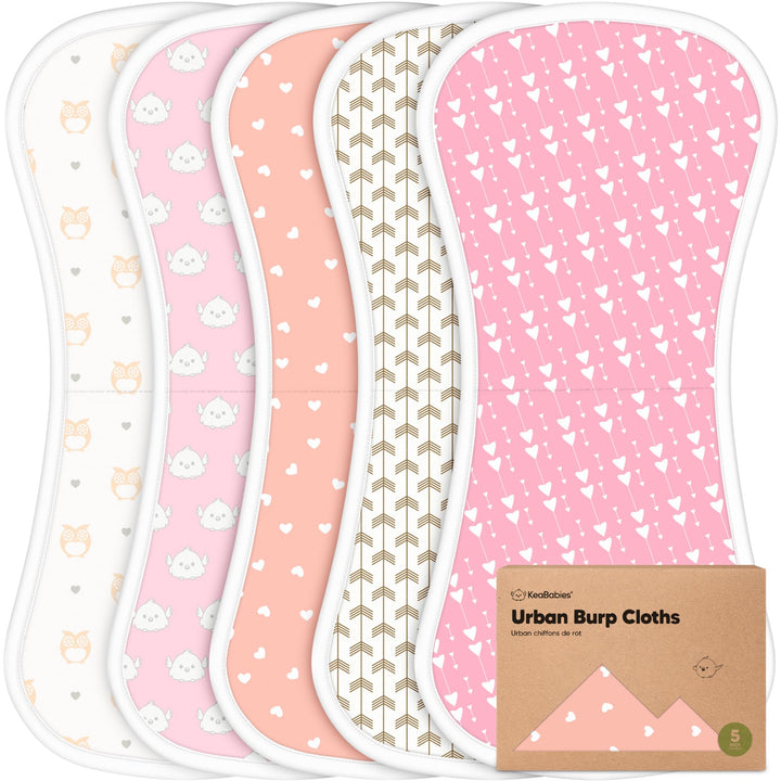 Organic Burp Cloths Baby Boy & Girl - 5-Pack Super Absorbent Cotton Burping Cloths for Babies, Soft & Plush Newborn Spit Up Rags, Infant Towels for Milk Spit Up, Unisex, Large 21 x 10 (Pink Dreams)