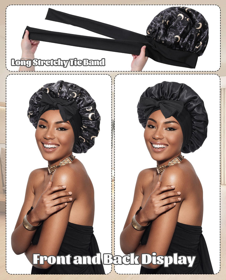 Satin Bonnet Silk Bonnet for Sleeping Silk Sleep Cap Double Layer Hair Bonnet with Elastic Tie Band for Curly Hair Night Cap (Black stars and moon+Black)