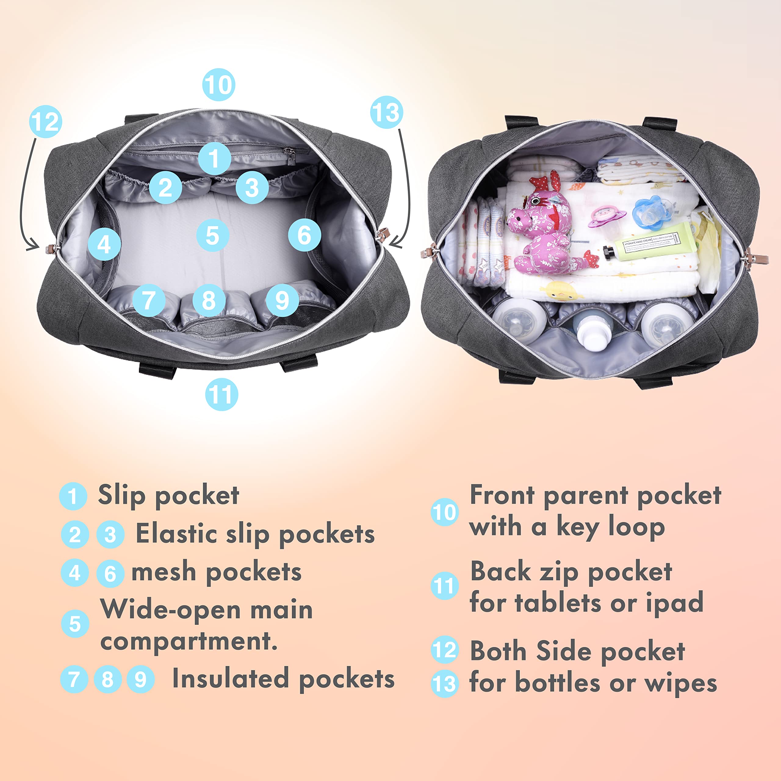 Dikaslon Diaper Bag Tote, Large Travel diaper tote for Mom and Dad, Multifunction baby tote bag for Boys and Girls with Pacifier Case and Changing Pad, Grey