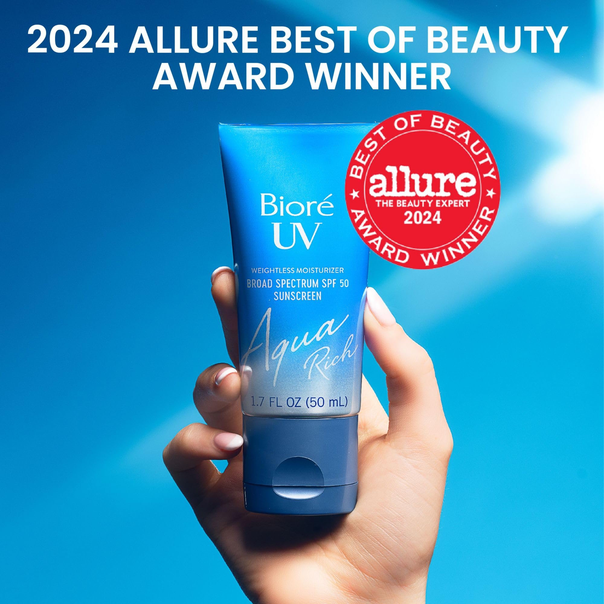 Bioré UV Aqua Rich Daily Hydrating Facial Moisturizer with SPF 50 | Oil-Free Sunscreen & Primer for Makeup with Hyaluronic Acid, No White Cast, Non-Comedogenic, For Sensitive Skin, PA++++, 1.7 Oz