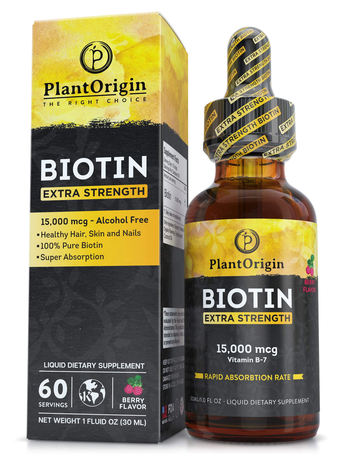 PLANTORIGIN Extra Strength15,000 MCG Biotin Liquid Drops - Promotes Hair Growth, Radiant Skin & Strong Nails, Vegan & Kosher, Berry Flavor - 5X Absorption, 60 Servings
