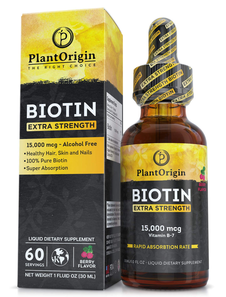 PLANTORIGIN Extra Strength15,000 MCG Biotin Liquid Drops - Promotes Hair Growth, Radiant Skin & Strong Nails, Vegan & Kosher, Berry Flavor - 5X Absorption, 60 Servings