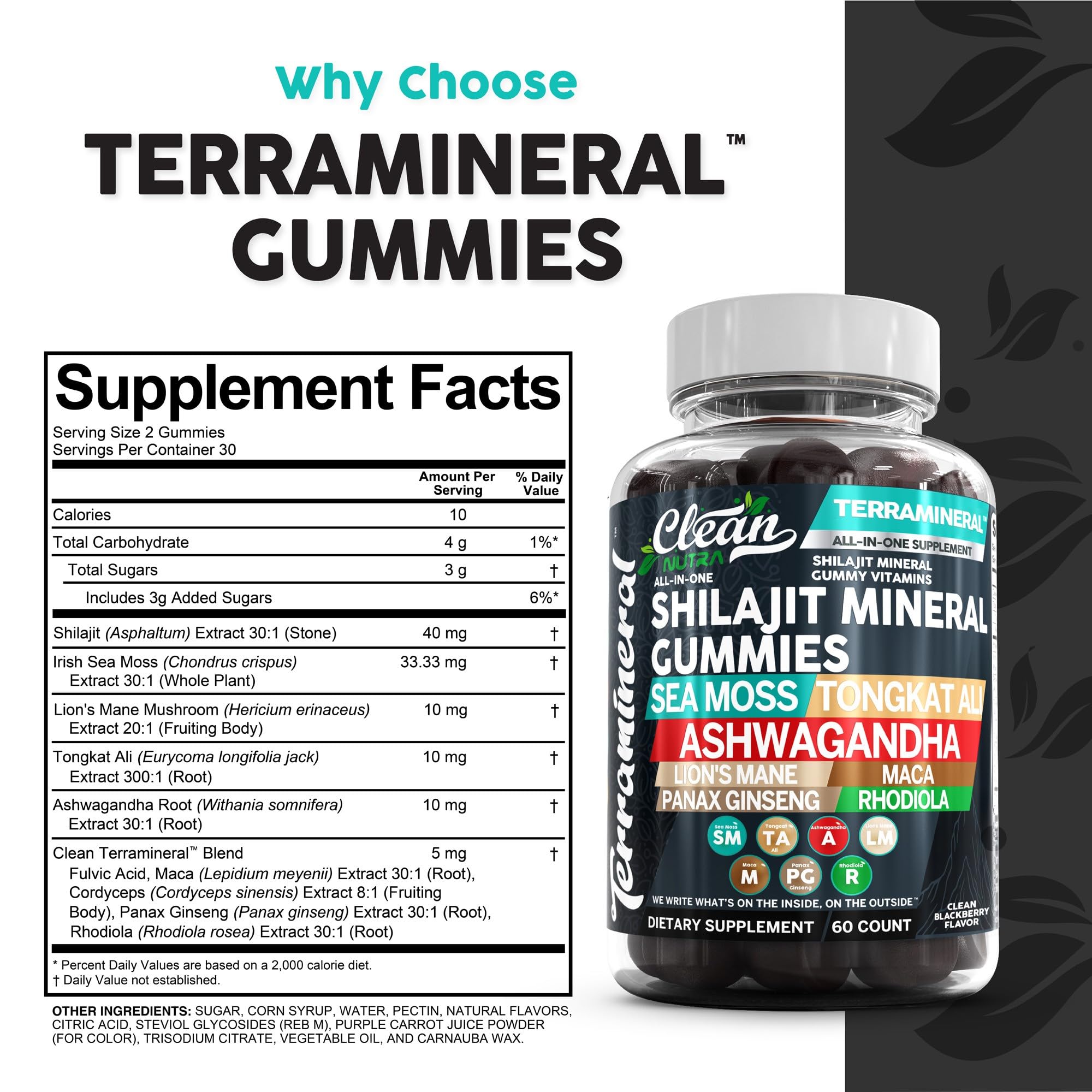 Terramineral Shilajit Gummies with Irish Sea Moss Tongkat Ali Ashwagandha Lion's Mane MACA Panax Ginseng Rhodiola & Cordyceps by Clean Nutra (1)