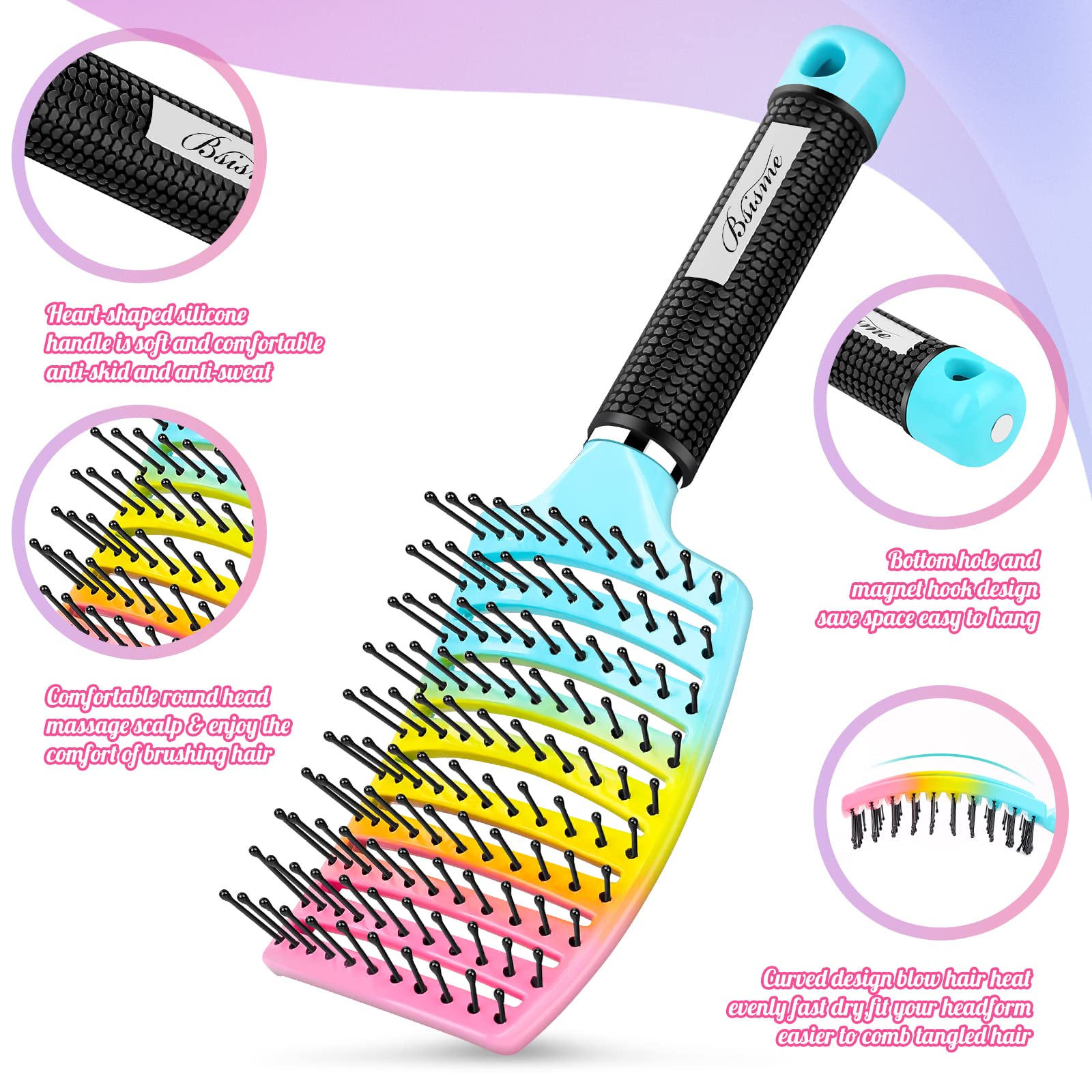 Curved Vented Paddle Brush - Faster Blow Drying, Detangling for Women & Men, Professional Styling for Wet, Curly, Thick or Straight Hair (colourful)