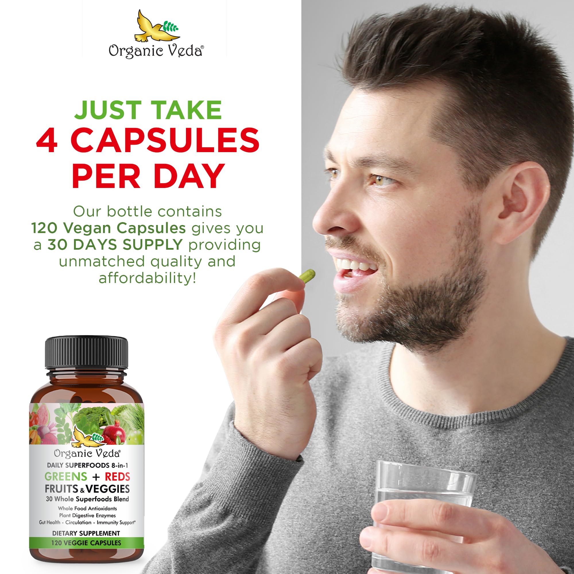 Organic Veda Super Greens Reds Veggies Capsules - 8 in 1 Daily 30 Whole Organic Superfoods Fruits & Vegetables Supplement - Papaya Enzymes, Spirulina, Chlorella, Moringa, Beet, Turmeric - 120 Vegan